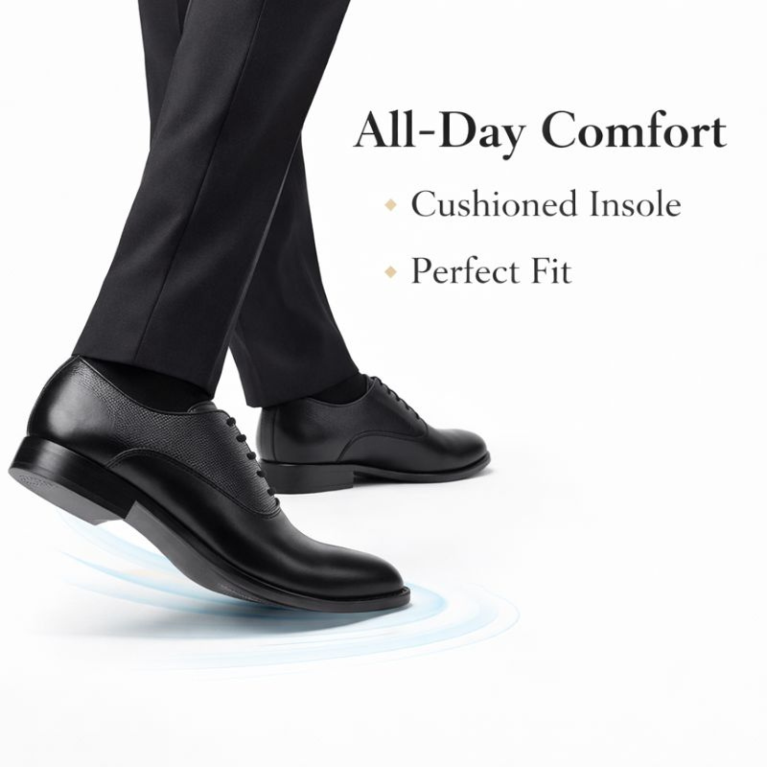 Man walking in black formal suit wearing ORPERS black Oxford shoes with cushioned insole for all-day comfort