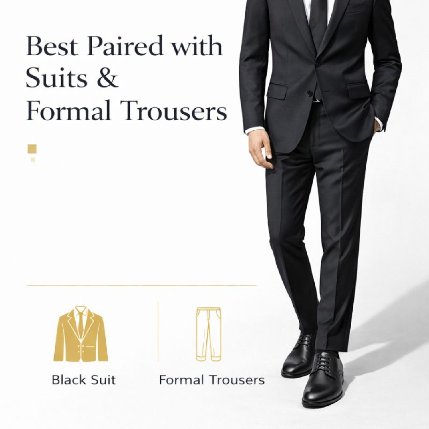 Man wearing ORPERS black leather Derby shoes styled with black suit and formal trousers