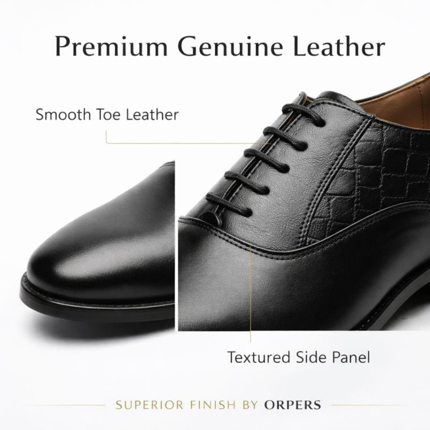 ORPERS black genuine leather Oxford shoes with smooth toe and textured side panel