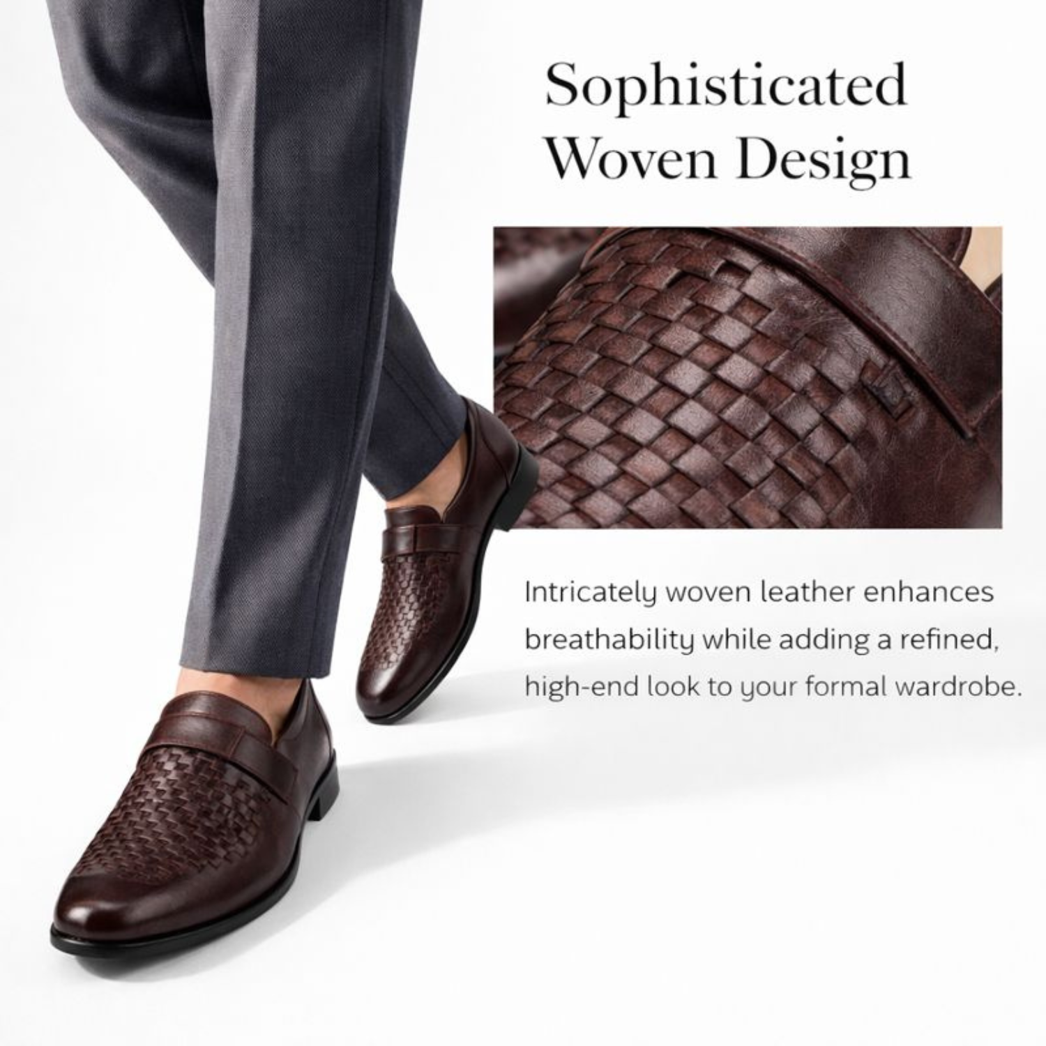 Brown woven leather loafers worn with formal trousers, highlighting intricate breathable woven design