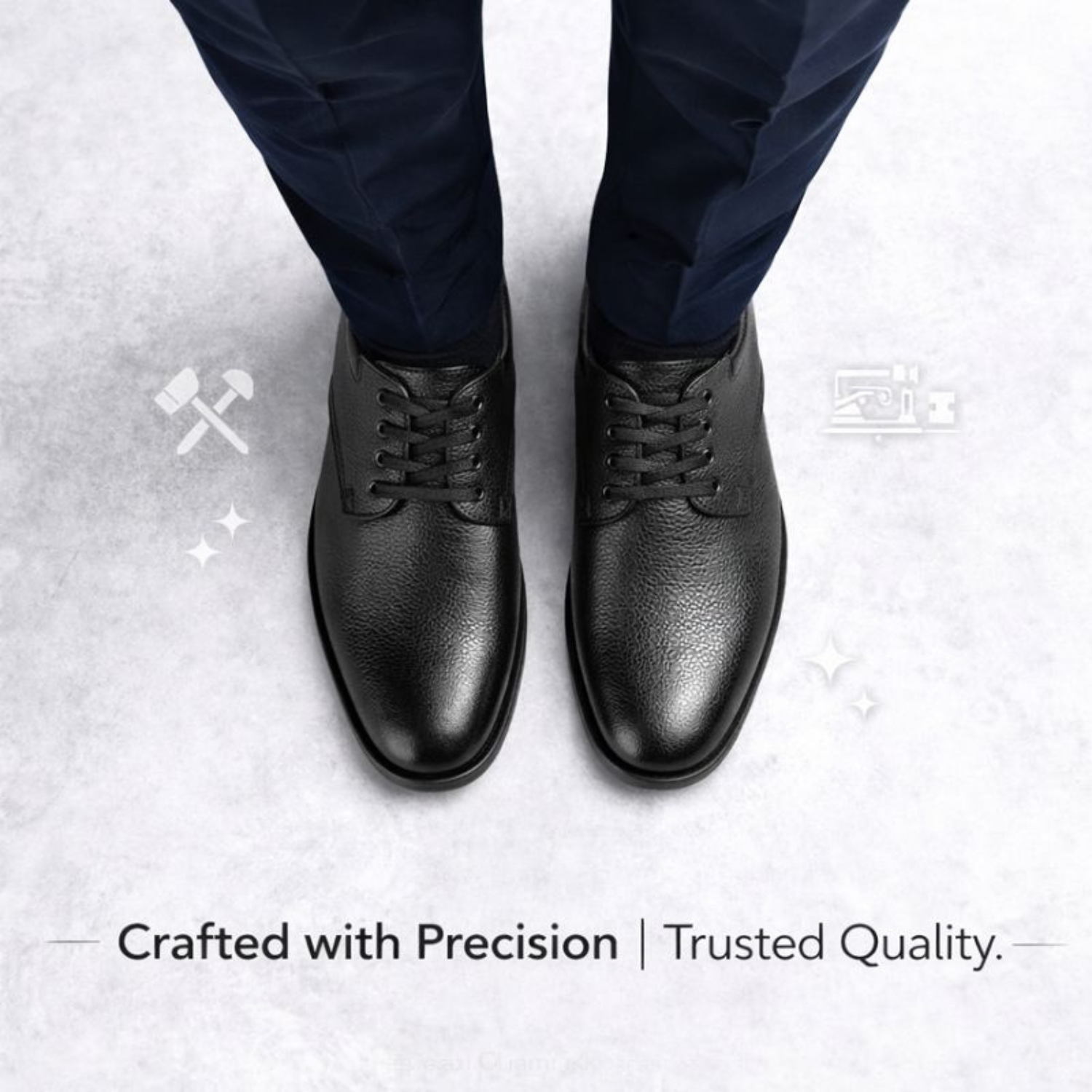 Top view of ORPERS black leather lace-up formal shoes worn with a navy suit, featuring text “Crafted with Precision | Trusted Quality.”