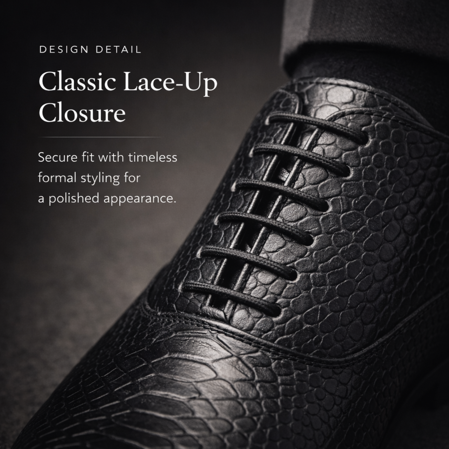 Close-up of black textured leather formal shoe with classic lace-up closure detail