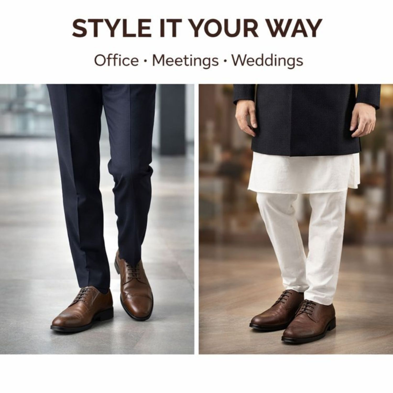 Split image showing ORPERS brown formal shoes styled with navy business trousers for office wear and with traditional white attire for weddings and formal events.