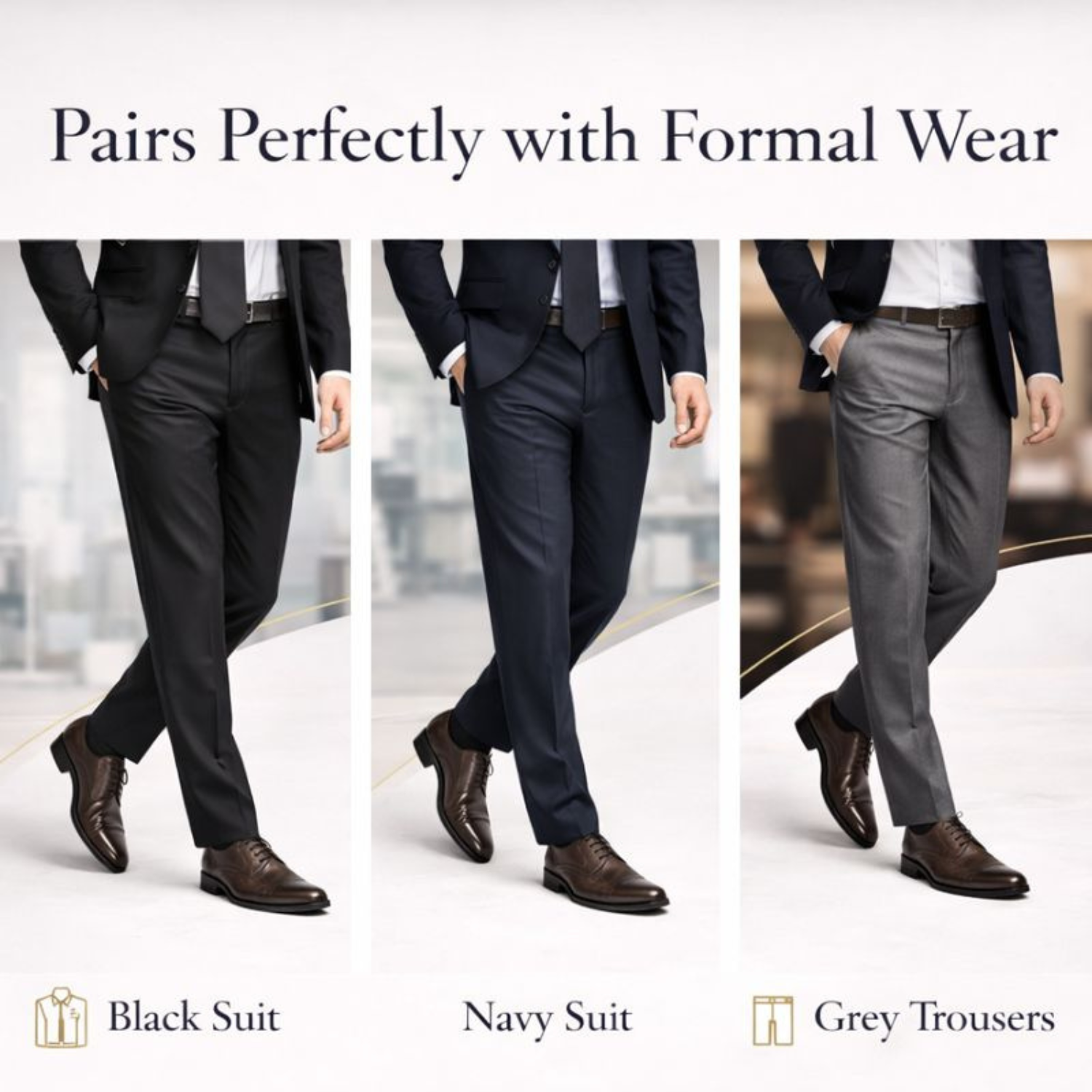 ORPERS brown leather cap-toe Oxford shoes paired with black suit, navy suit, and grey formal trousers.
