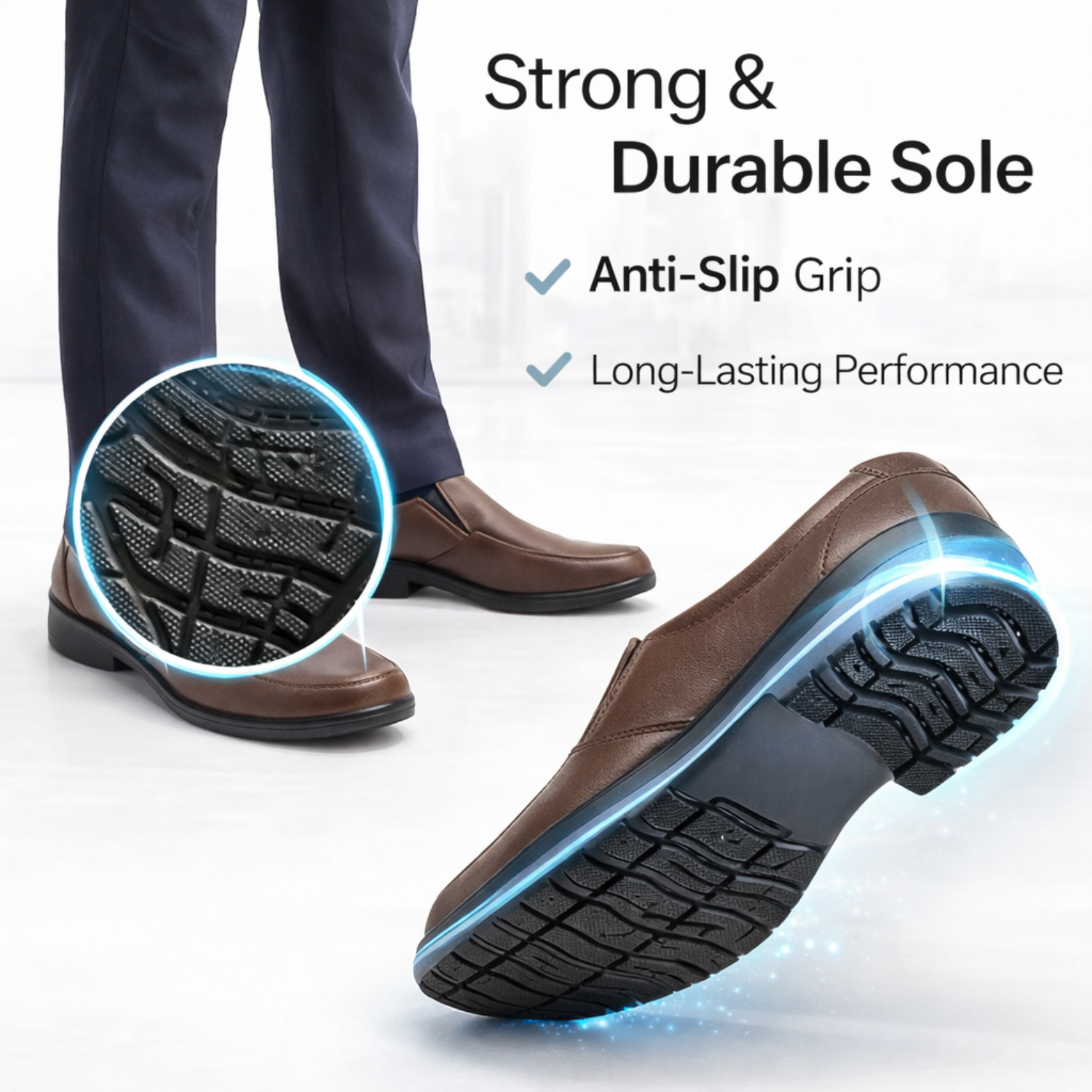 ORPERS brown leather slip-on shoes with strong anti-slip durable sole