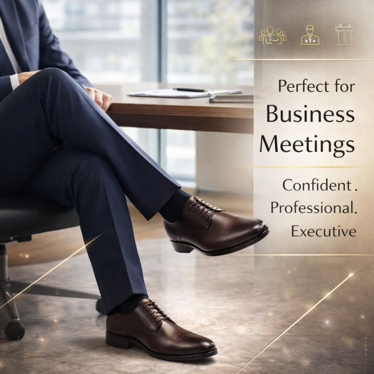 Brown leather Oxford shoes worn with a navy business suit while seated in an office, highlighted as ideal for business meetings