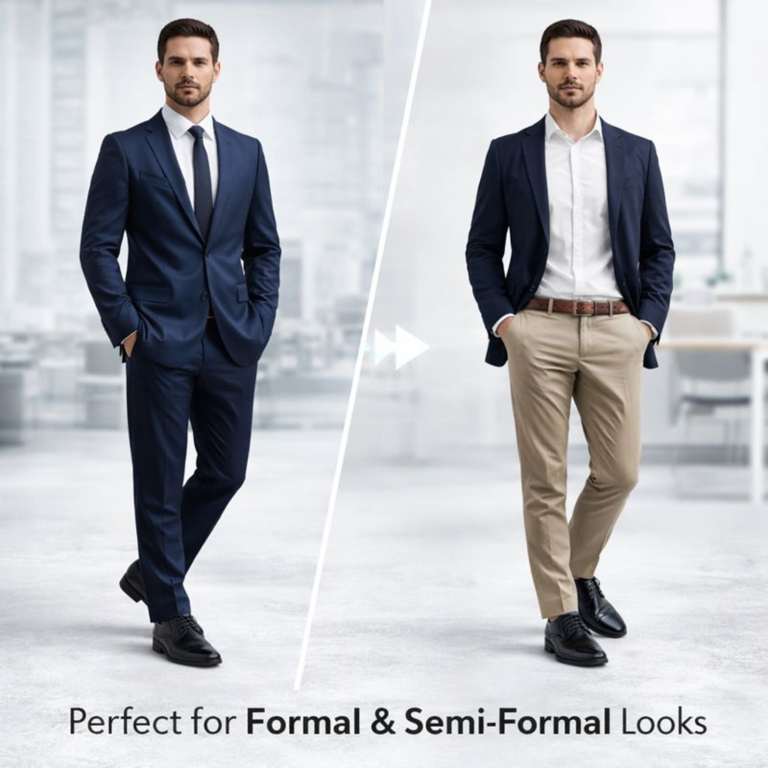 Split image of a man wearing ORPERS black formal leather shoes styled with a navy suit and a semi-formal blazer with beige trousers, with text “Perfect for Formal & Semi-Formal Looks.”