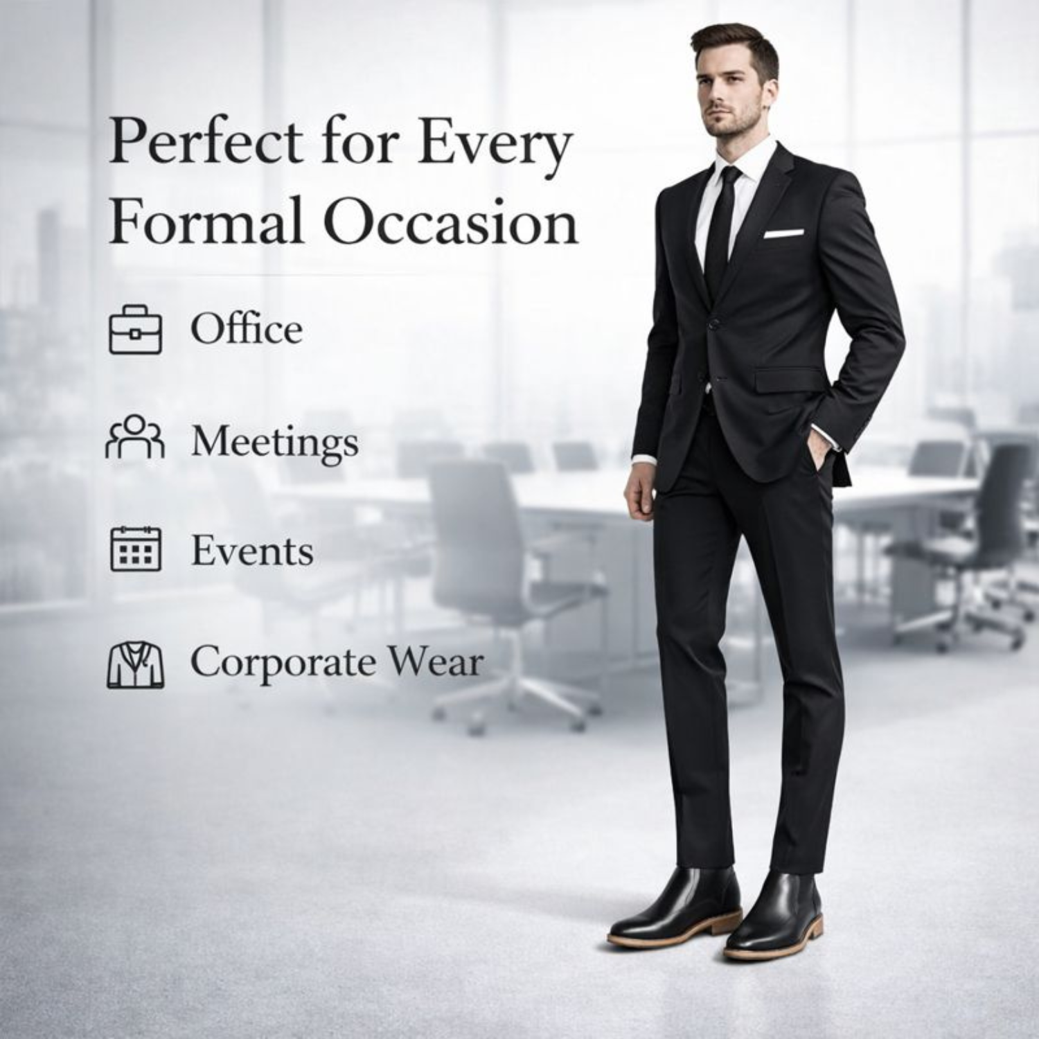 Well-dressed man in a black suit wearing ORPERS Chelsea boots, with text highlighting suitability for office, meetings, events, and corporate wear.