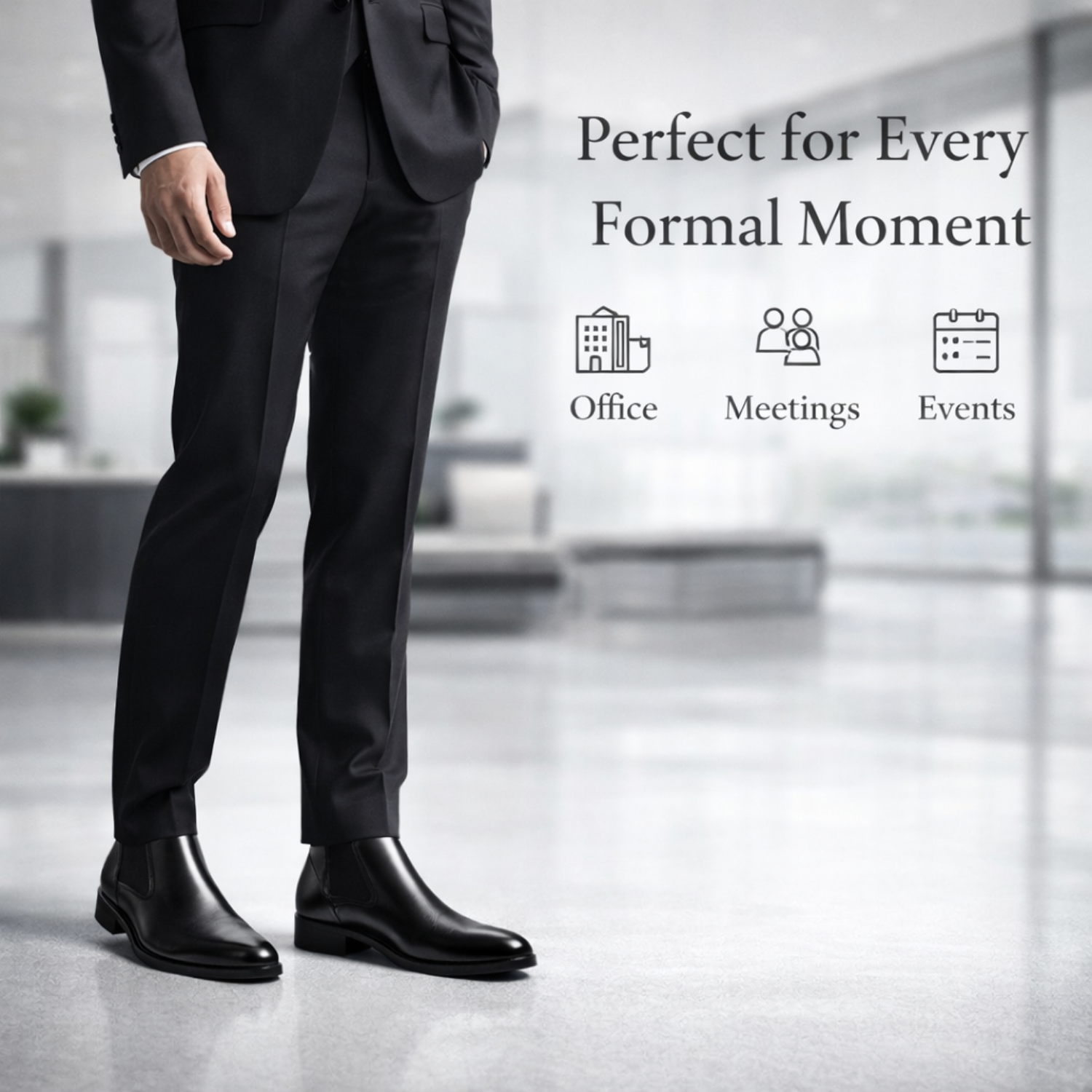 Man wearing black leather Chelsea boots styled for office, meetings, and formal events.