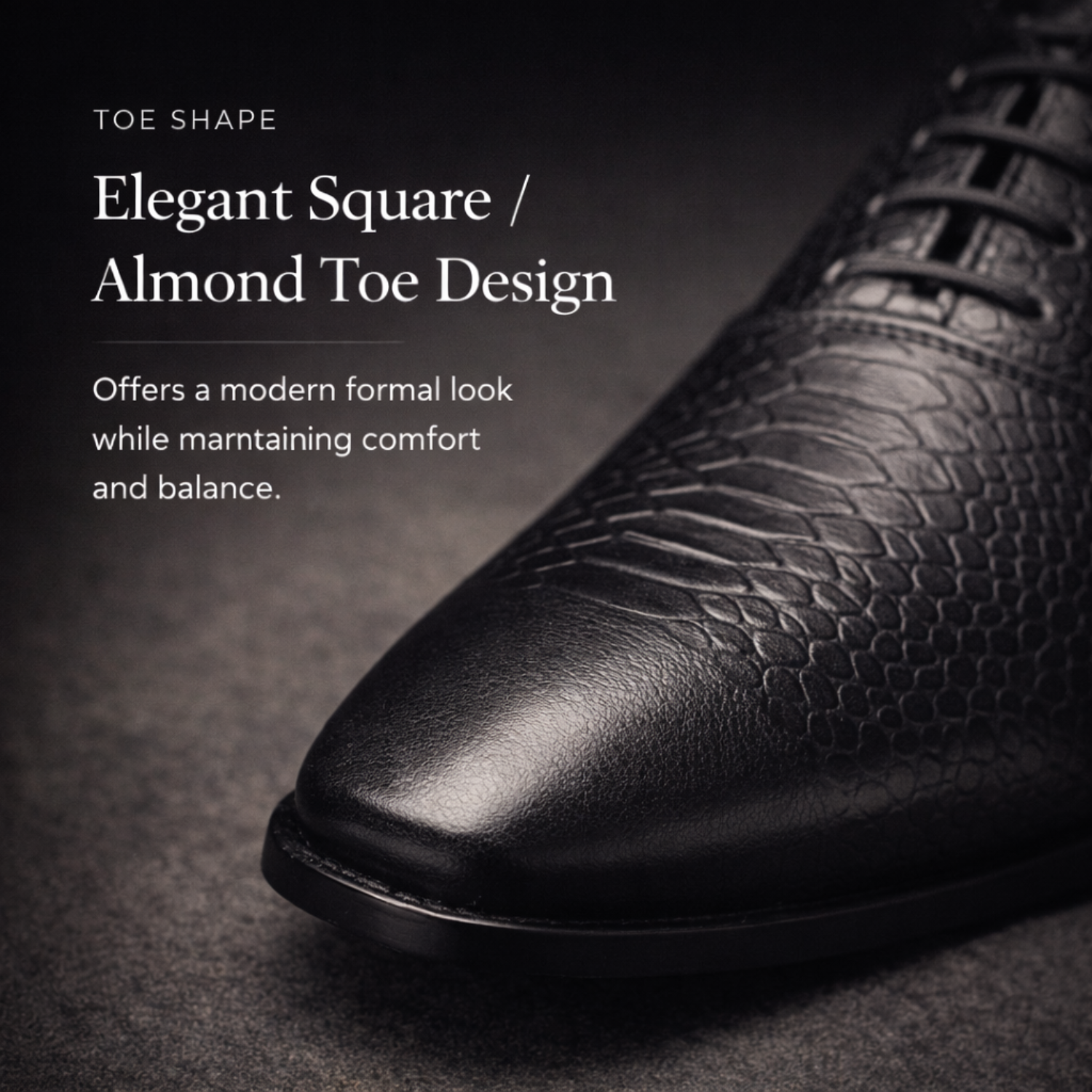 Close-up of black textured leather formal shoe featuring an elegant square-to-almond toe shape