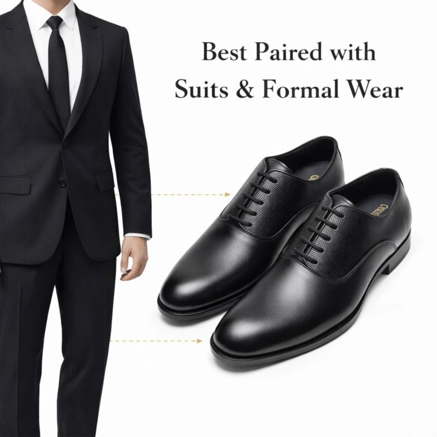 ORPERS black plain toe Oxford shoes paired with black business suit for formal and professional wear