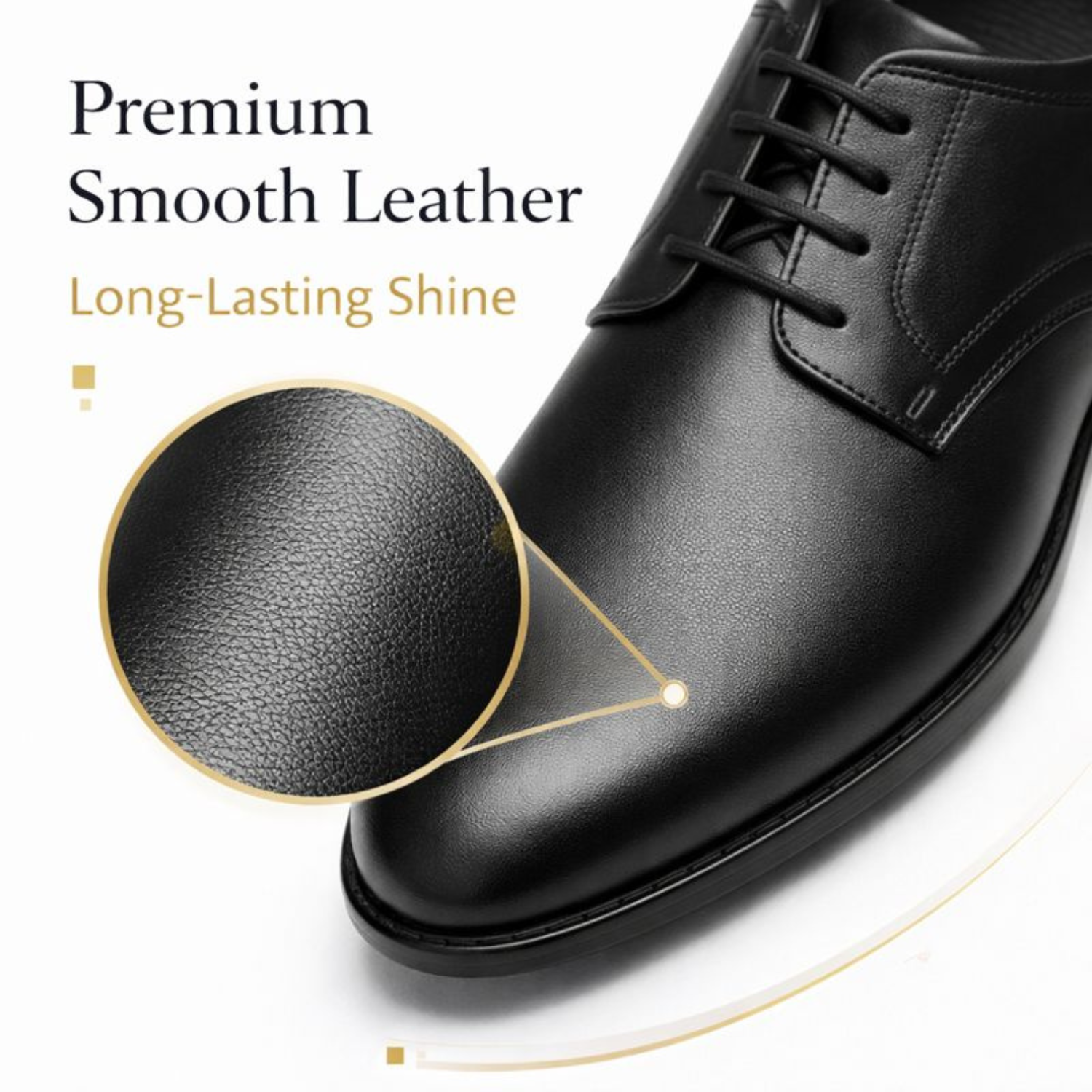 Close-up of ORPERS black leather Derby shoe showing premium smooth leather texture and polished finish
