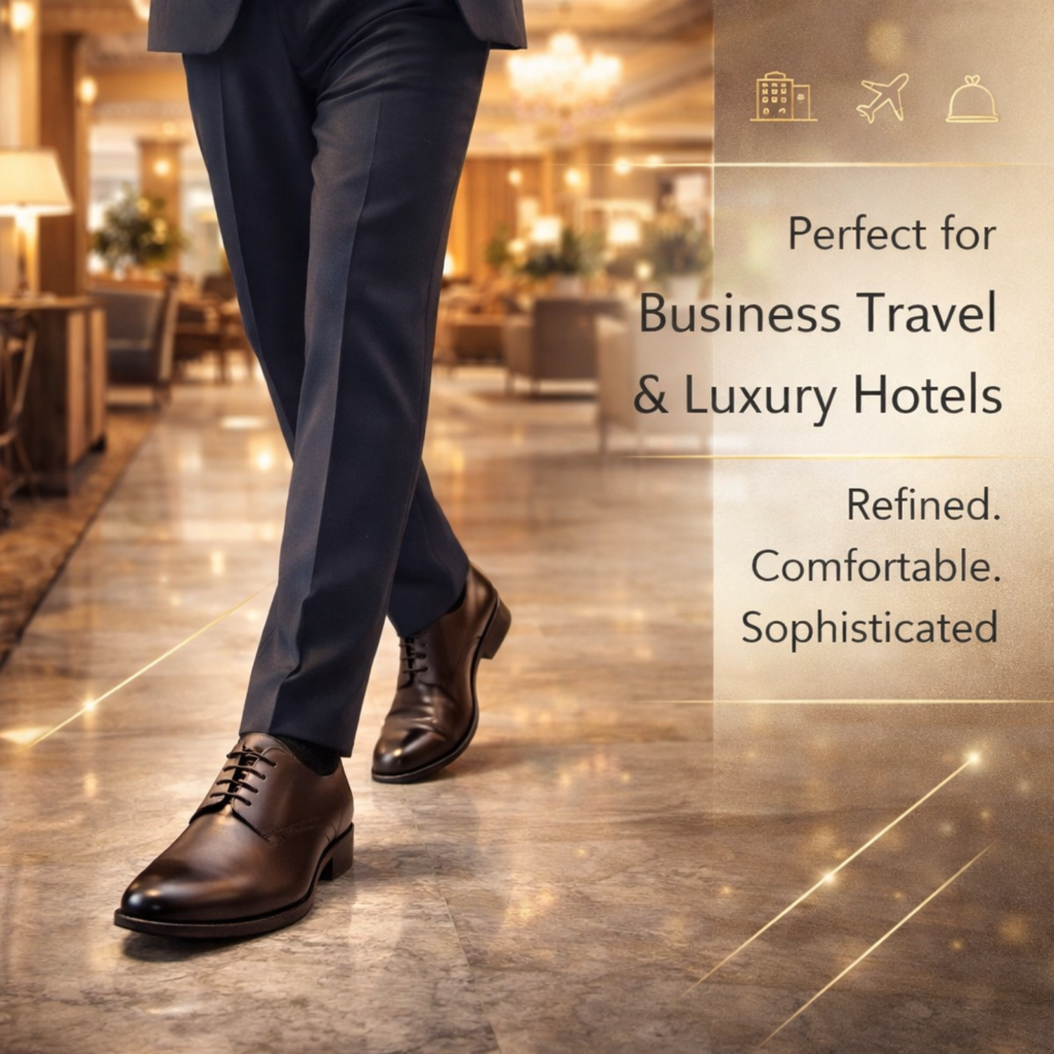Brown leather Oxford shoes worn with a navy suit while walking through a luxury hotel lobby, highlighted for business travel use