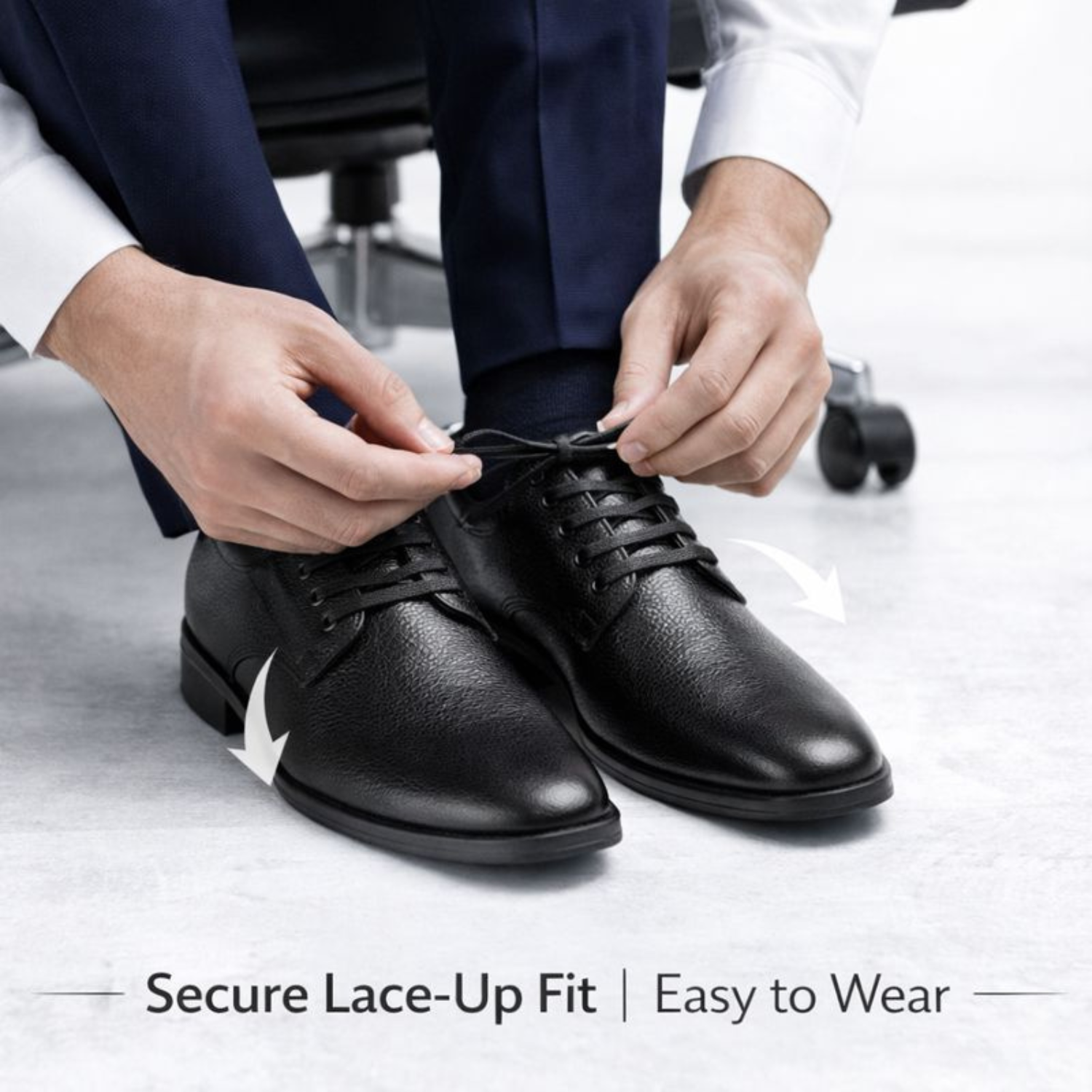 Close-up of a man tying the laces of ORPERS black formal leather shoes, highlighting a secure lace-up fit and easy-to-wear design.