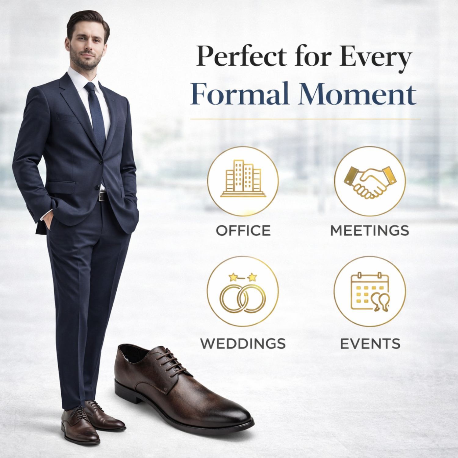 Well-dressed man in a navy suit wearing brown ORPERS Oxford shoes, beside the text “Perfect for Every Formal Moment” with icons for office, meetings, weddings, and events.