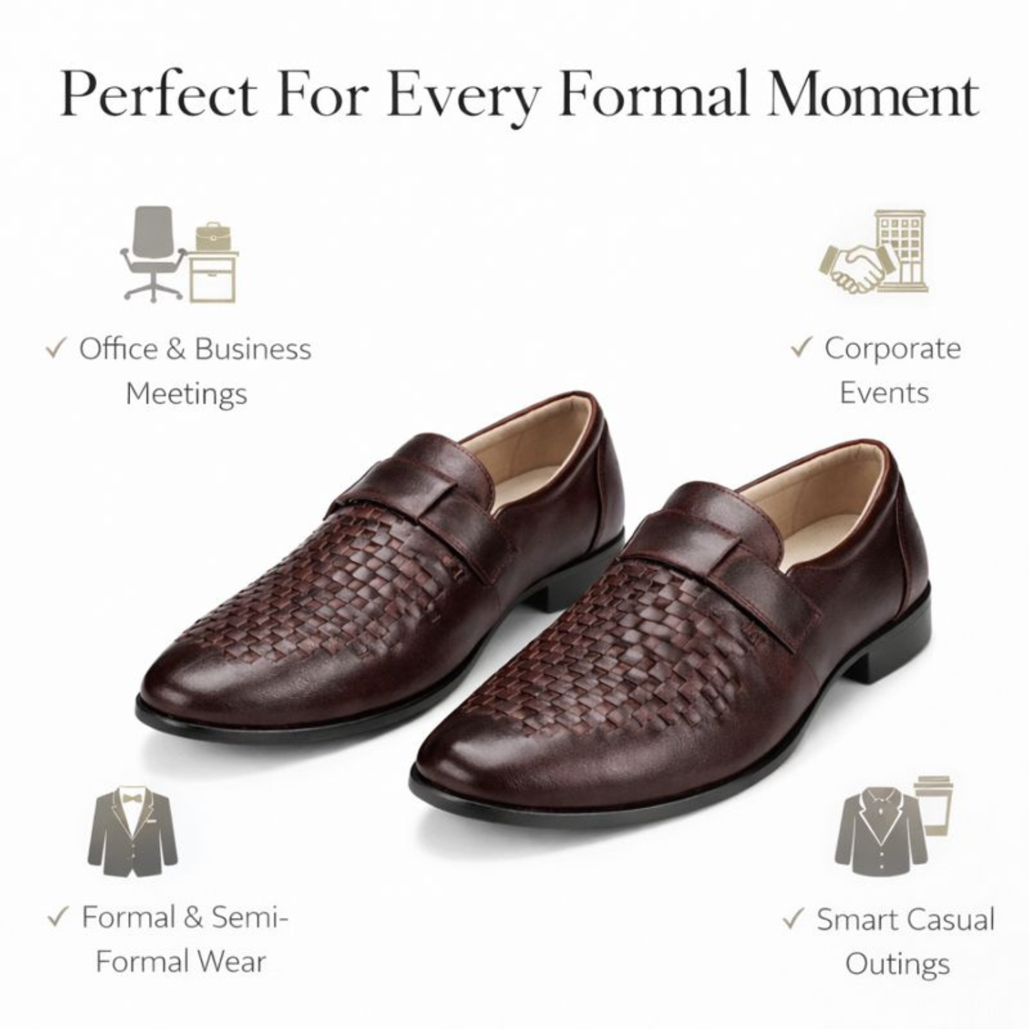 Pair of brown woven leather slip-on loafers displayed with icons highlighting office, corporate, formal, and smart casual use