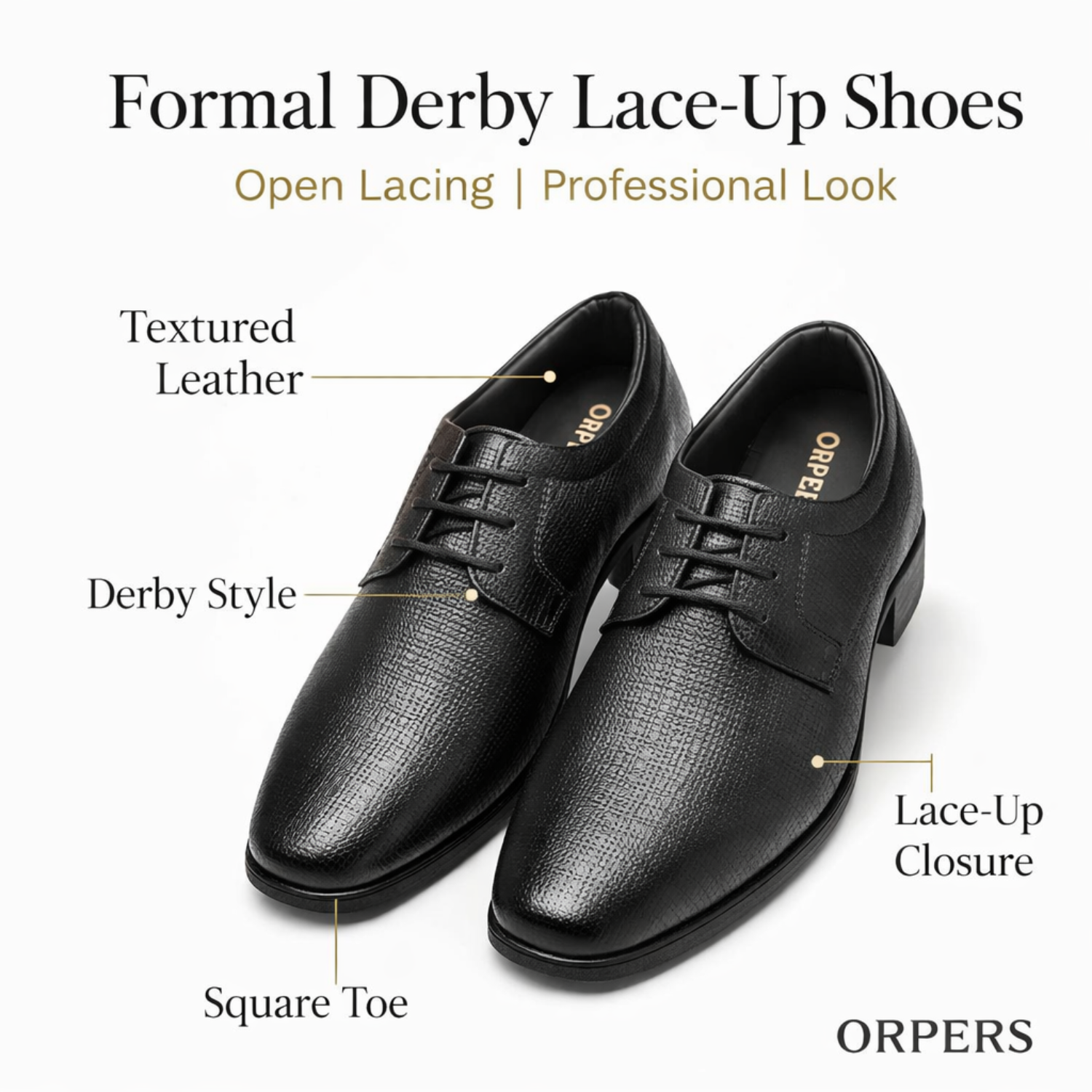 Pair of ORPERS black textured leather formal derby lace-up shoes with square toe and open lacing design.