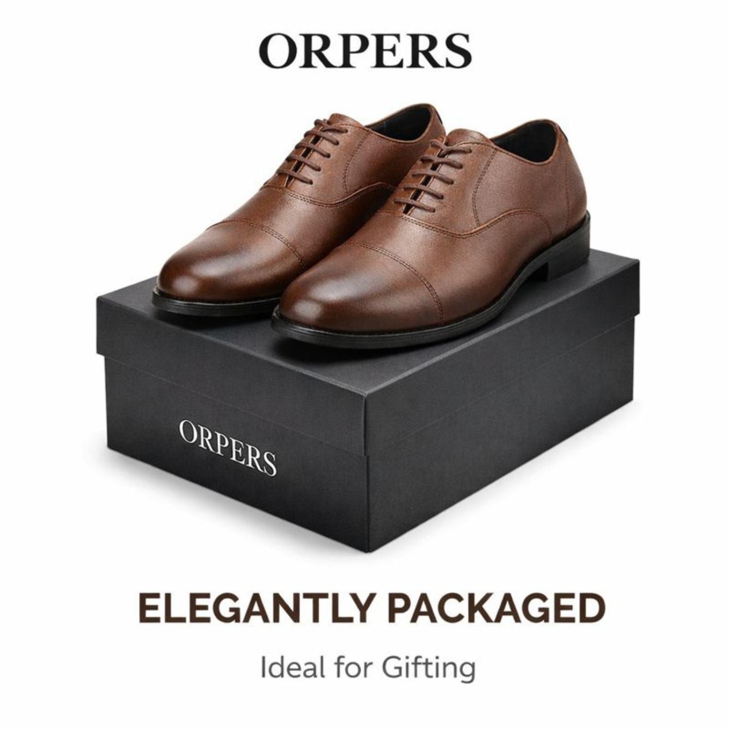 Pair of ORPERS brown cap-toe Oxford shoes placed on a premium black ORPERS shoe box, showcasing elegant packaging suitable for gifting.