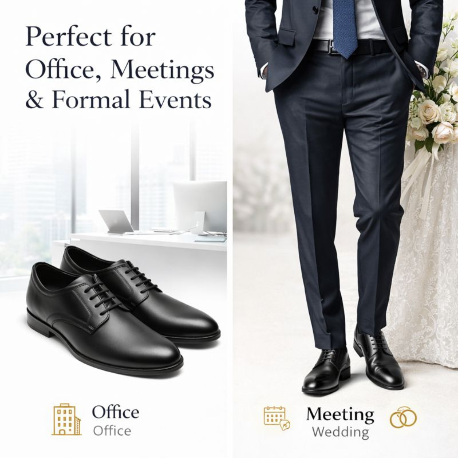 ORPERS black leather Derby shoes suitable for office, meetings, weddings, and formal events