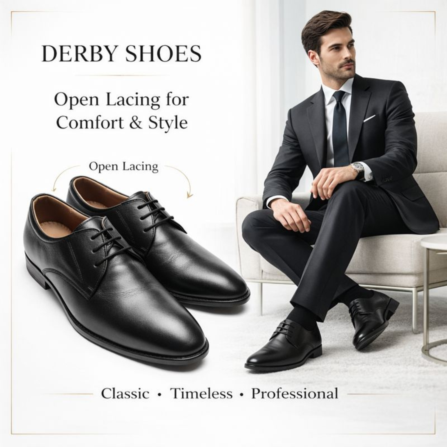 Black leather Derby shoes with open lacing design for men by ORPERS paired with formal suit