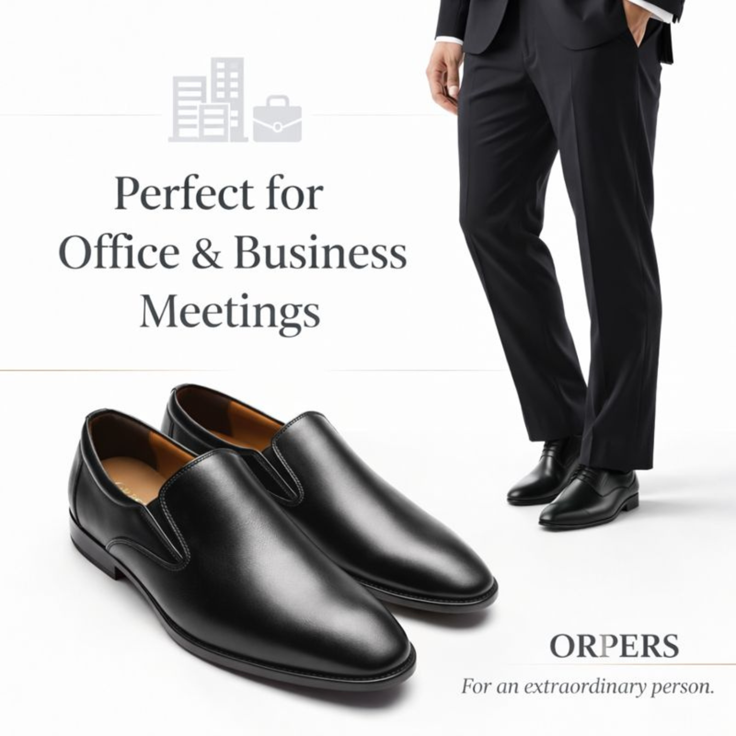 ORPERS black leather slip-on formal shoes perfect for office and business meetings