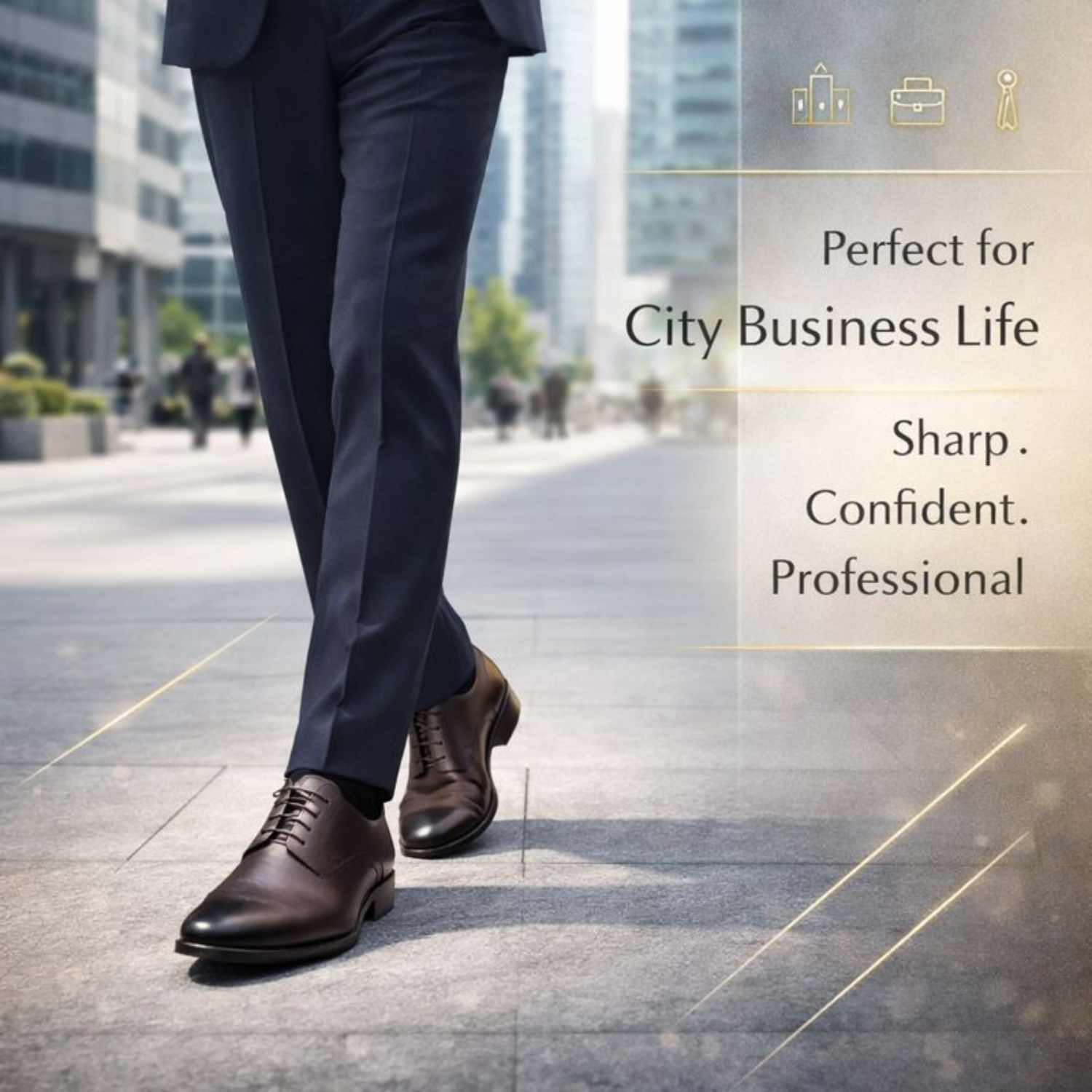 Brown leather Oxford shoes worn with a navy suit while walking in a modern city business district