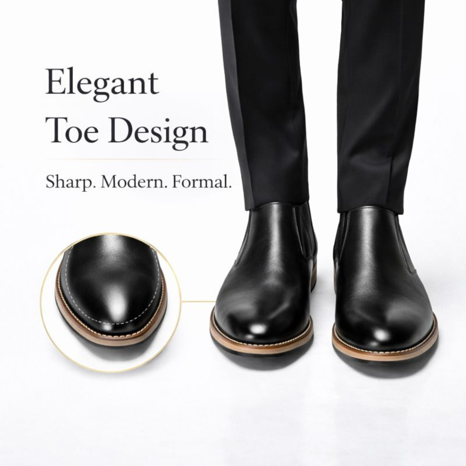 Front view of ORPERS black Chelsea boots highlighting the elegant rounded toe design with detailed stitching and polished finish.