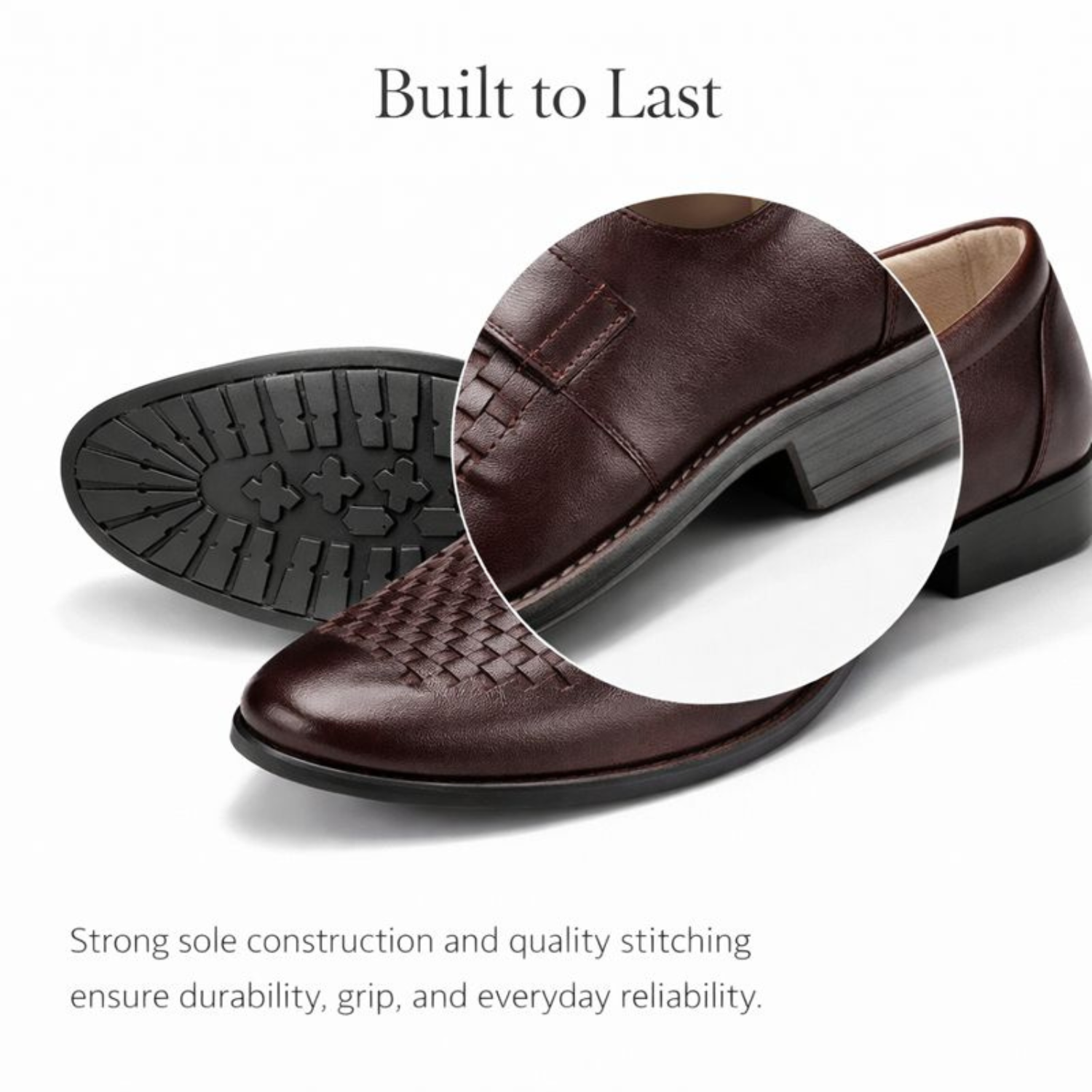 Close-up of brown woven leather loafers showing durable outsole grip and reinforced stitching detail