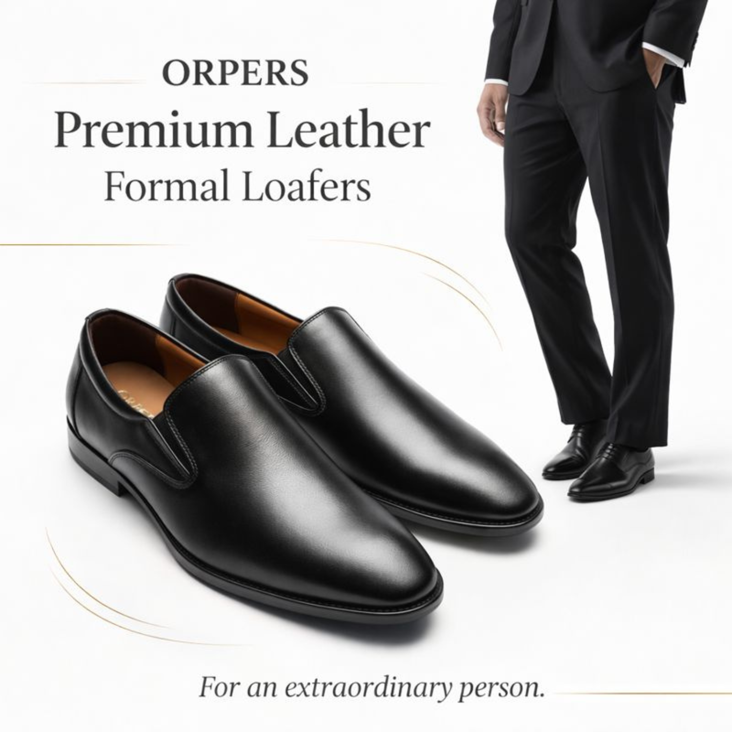 ORPERS premium leather black formal loafers for men with sleek slip-on design