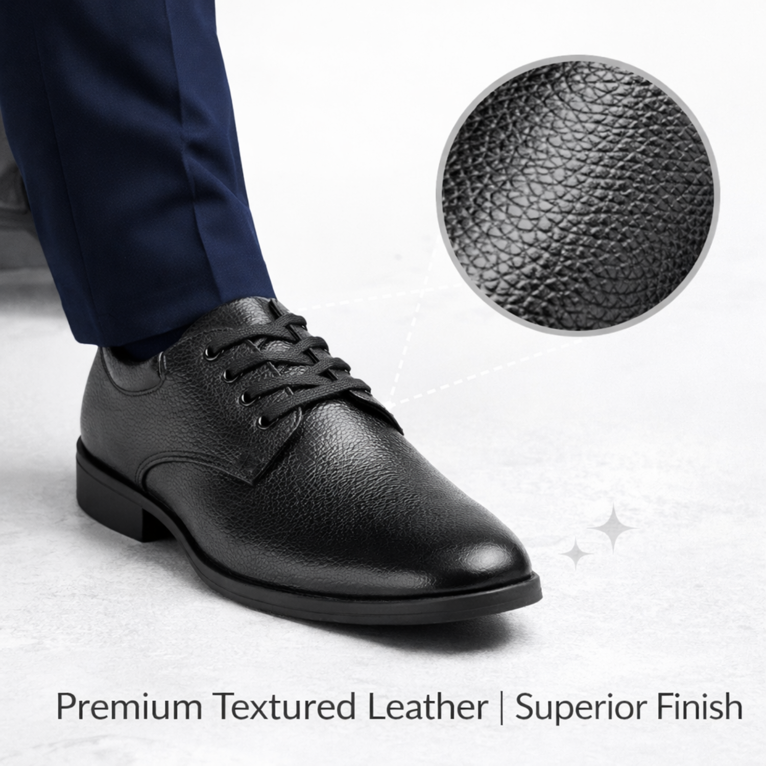 Close-up of ORPERS black formal leather shoe highlighting premium textured leather and smooth polished finish.