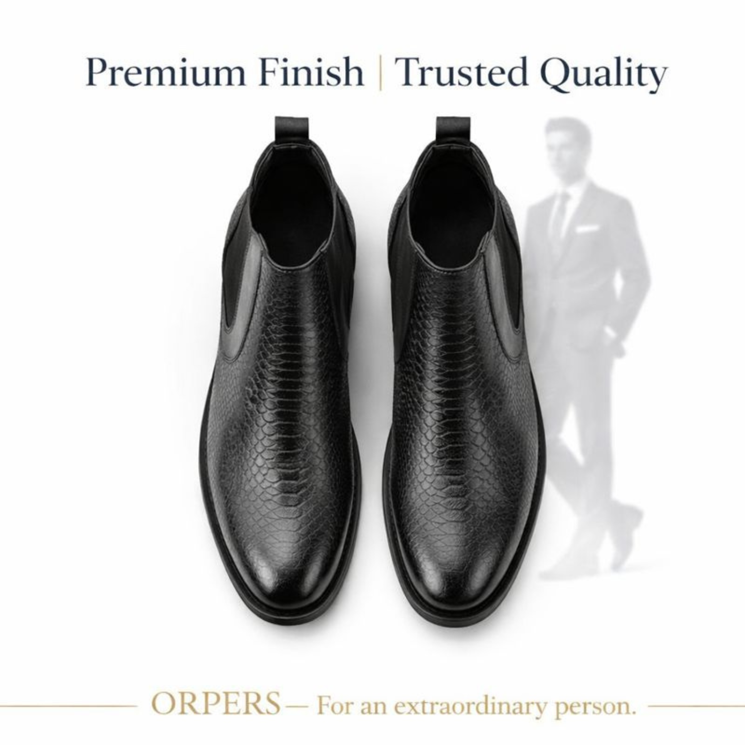 Top view of ORPERS black textured leather Chelsea boots showcasing premium finish and refined detailing against a minimal background.