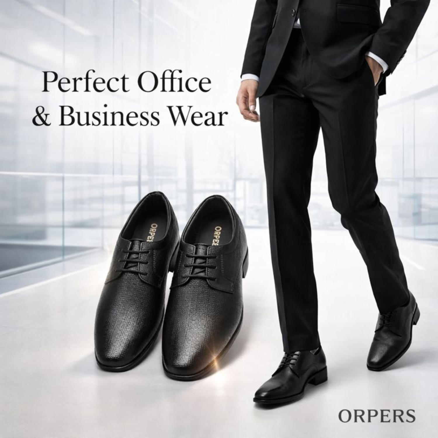 ORPERS black textured leather formal derby shoes displayed with a man in a black suit, ideal for office and business wear.