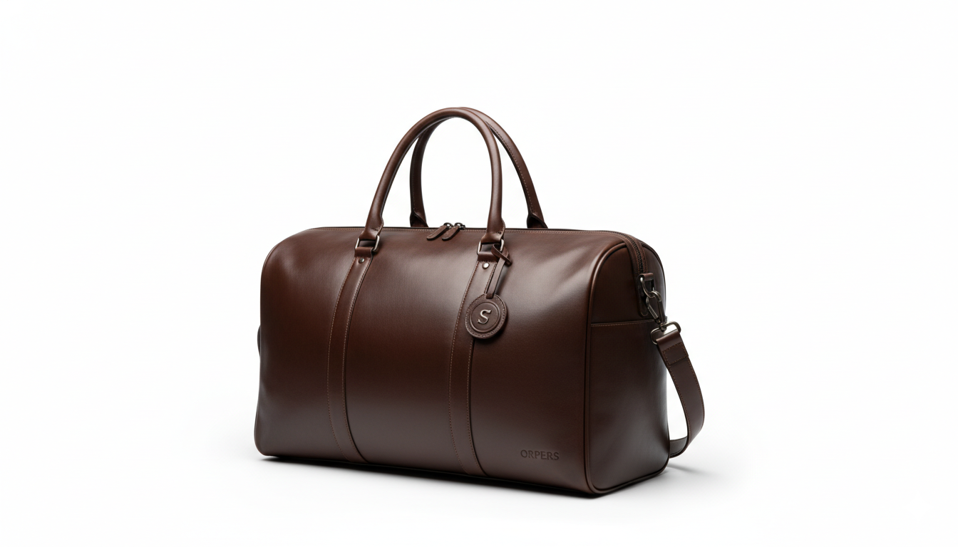 ORPERS premium brown leather duffle bag with dual handles and detachable shoulder strap on white background