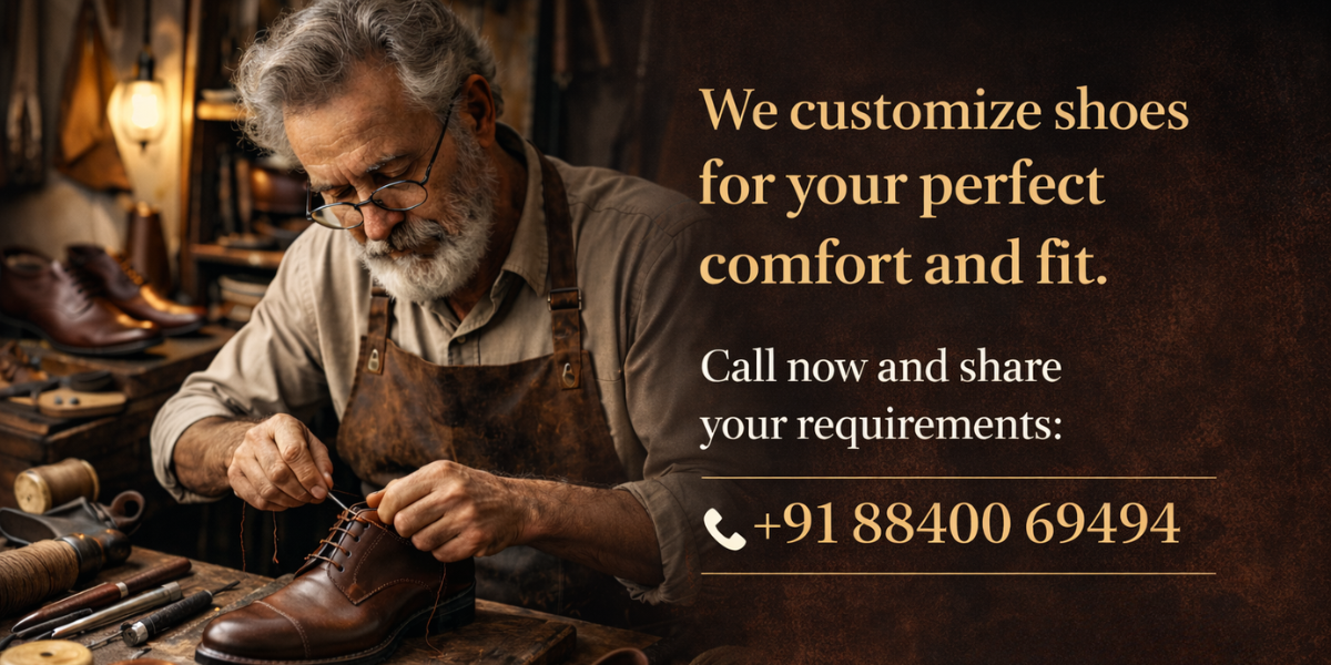 Skilled shoemaker handcrafting brown leather shoes in workshop with custom shoe service call number +91 88400 69494 displayed