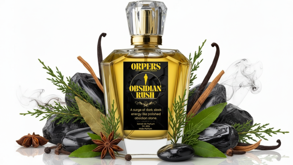 ORPERS Obsidian Rush perfume bottle surrounded by obsidian stones, vanilla pods, star anise, bay leaves, and green herbs on a clean white background.