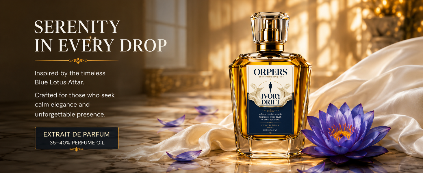 ORPERS Ivory Drift Extrait De Parfum inspired by Blue Lotus Attar with a luxury perfume bottle, blue lotus flower, and elegant silk background showcasing a premium long-lasting fragrance.