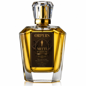 ORPERS Mitti Parfum luxury unisex Extrait de Parfum bottle with golden fragrance liquid, crystal cap, and premium brown label inspired by the aroma of first rain on earth.