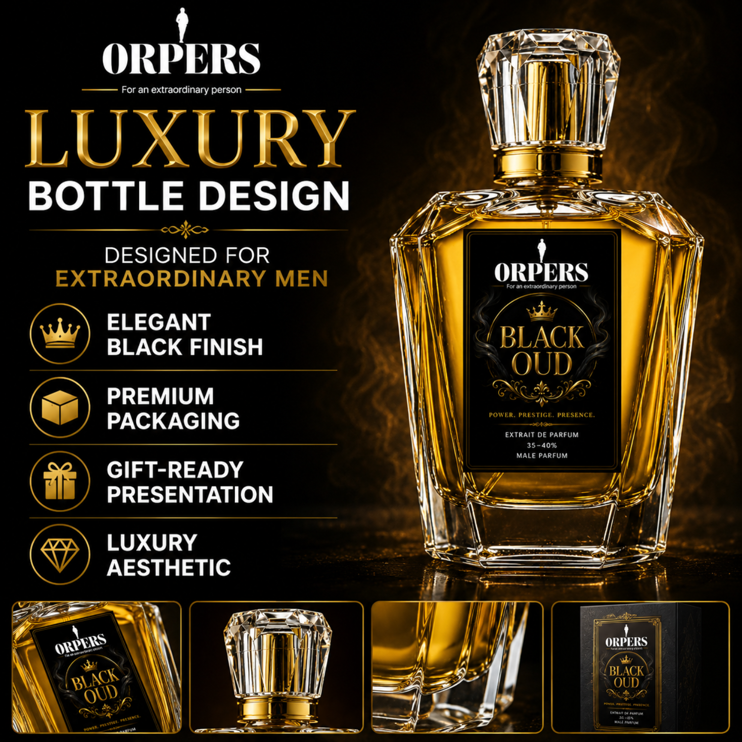 ORPERS Black Oud luxury perfume bottle design infographic featuring crystal-inspired cap, premium packaging, gift-ready presentation, and elegant black-gold aesthetics.