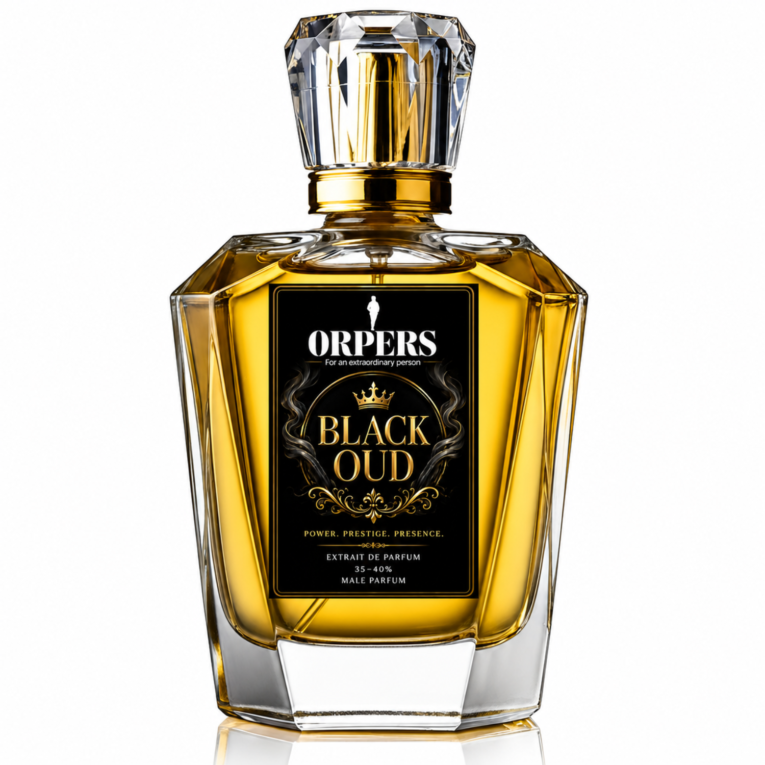 ORPERS Black Oud Extrait de Parfum perfume bottle featuring a luxury crystal cap, black and gold label, and premium amber fragrance for men.
