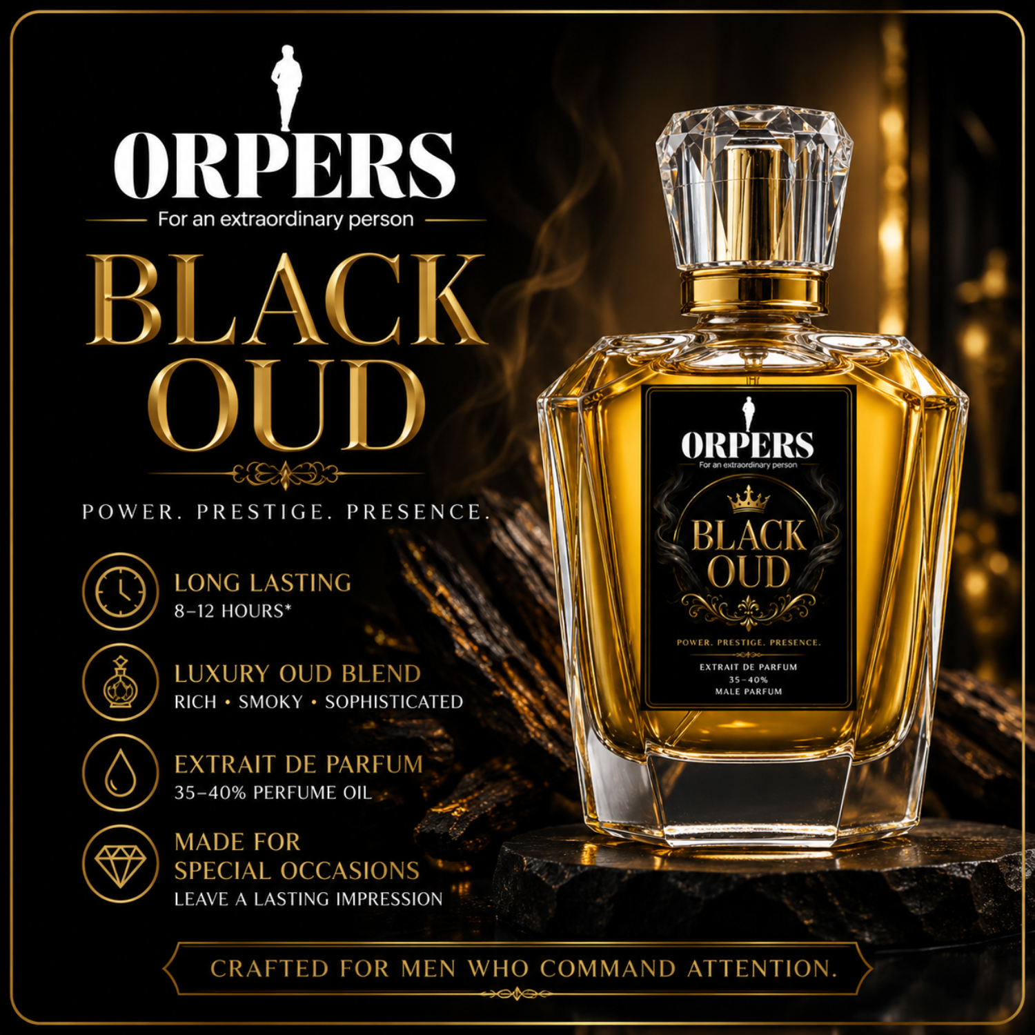 ORPERS Black Oud Extrait de Parfum for Men displayed in a luxury crystal-inspired bottle with black and gold design, highlighting premium oud fragrance and long-lasting performance.