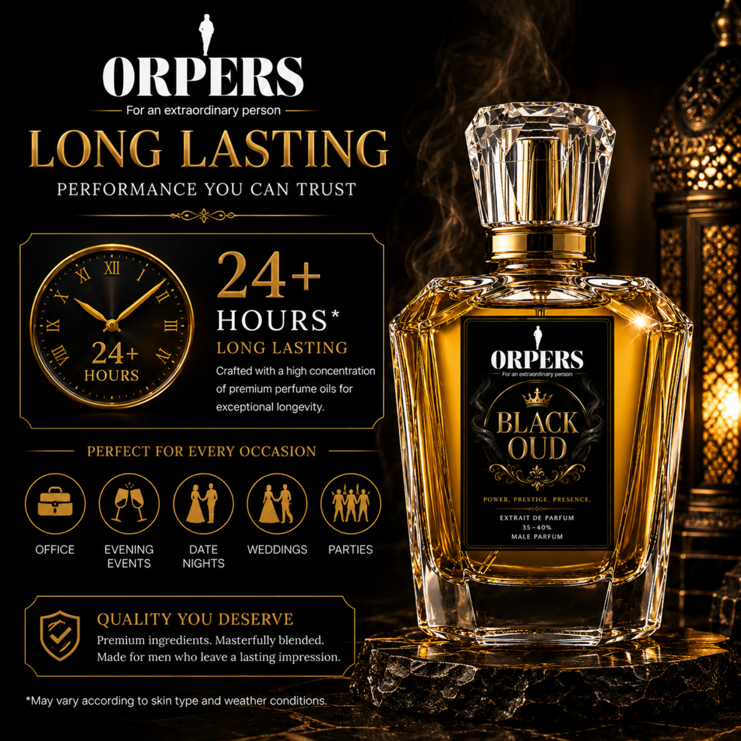 ORPERS Black Oud long lasting perfume infographic highlighting 24+ hours performance, luxury oud fragrance, and premium Extrait de Parfum bottle for men.
