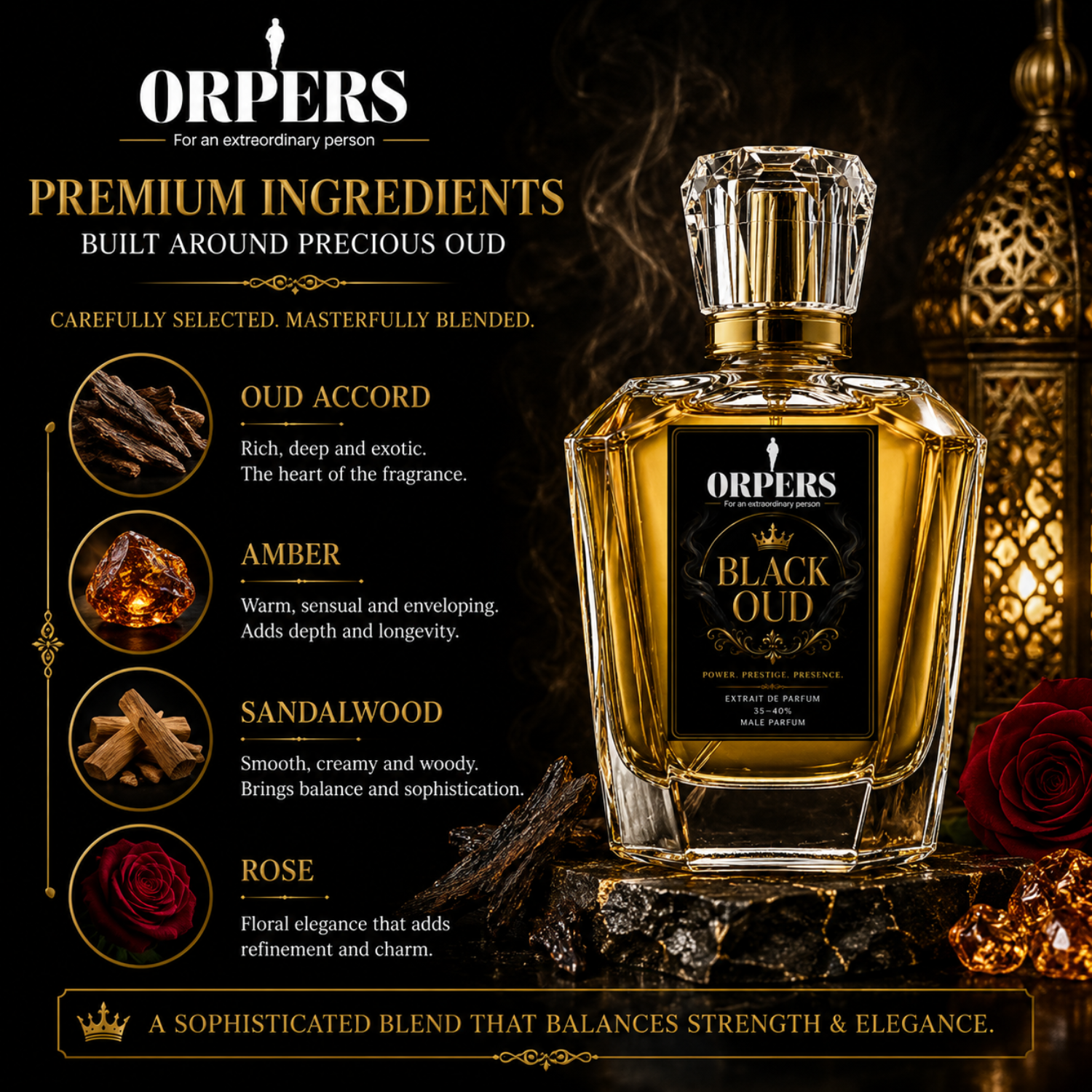 ORPERS Black Oud premium ingredients infographic featuring oud accord, amber, sandalwood, and rose in a luxury Extrait de Parfum fragrance for men.