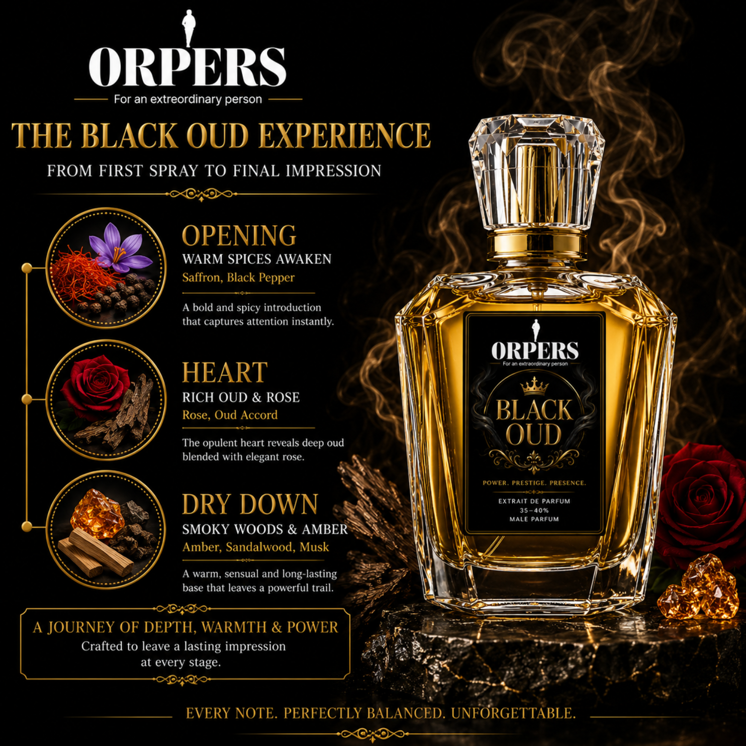 ORPERS Black Oud fragrance journey infographic showing opening notes of saffron and black pepper, heart notes of rose and oud accord, and dry down notes of amber, sandalwood, and musk.