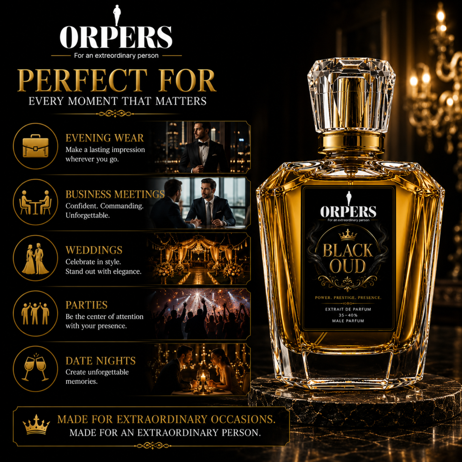ORPERS Black Oud luxury perfume infographic showing ideal occasions including evening wear, business meetings, weddings, parties, and date nights.