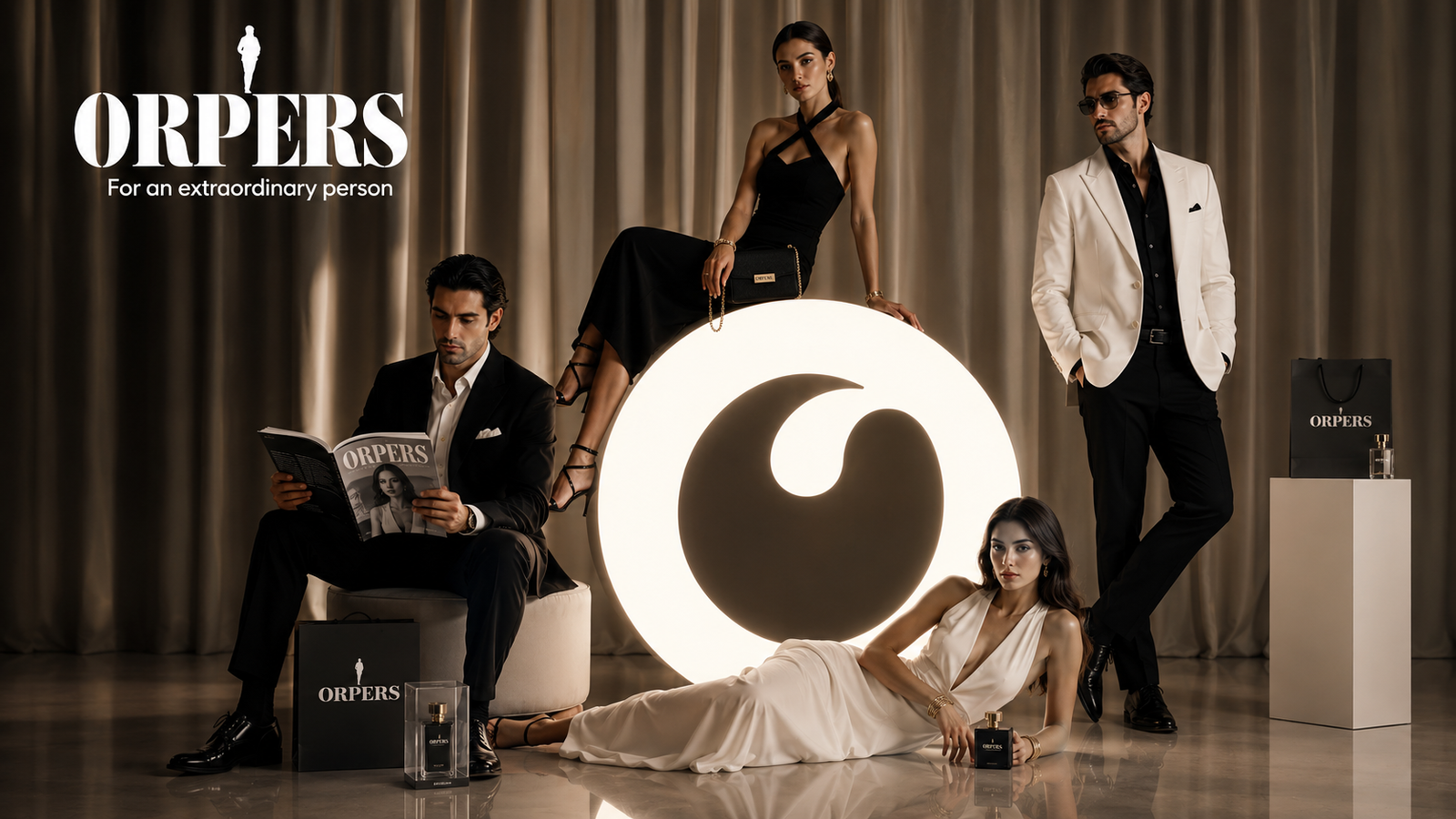 Four luxury fashion models pose around a glowing ORPERS "O" logo sculpture in an elegant studio with beige draped curtains. The models wear sophisticated black and white designer outfits, with one reading a fashion magazine, one seated on the illuminated logo, one standing in sunglasses, and one reclining on the reflective floor. ORPERS perfume products and luxury packaging are displayed, creating a premium Vogue-inspired fashion campaign atmosphere.