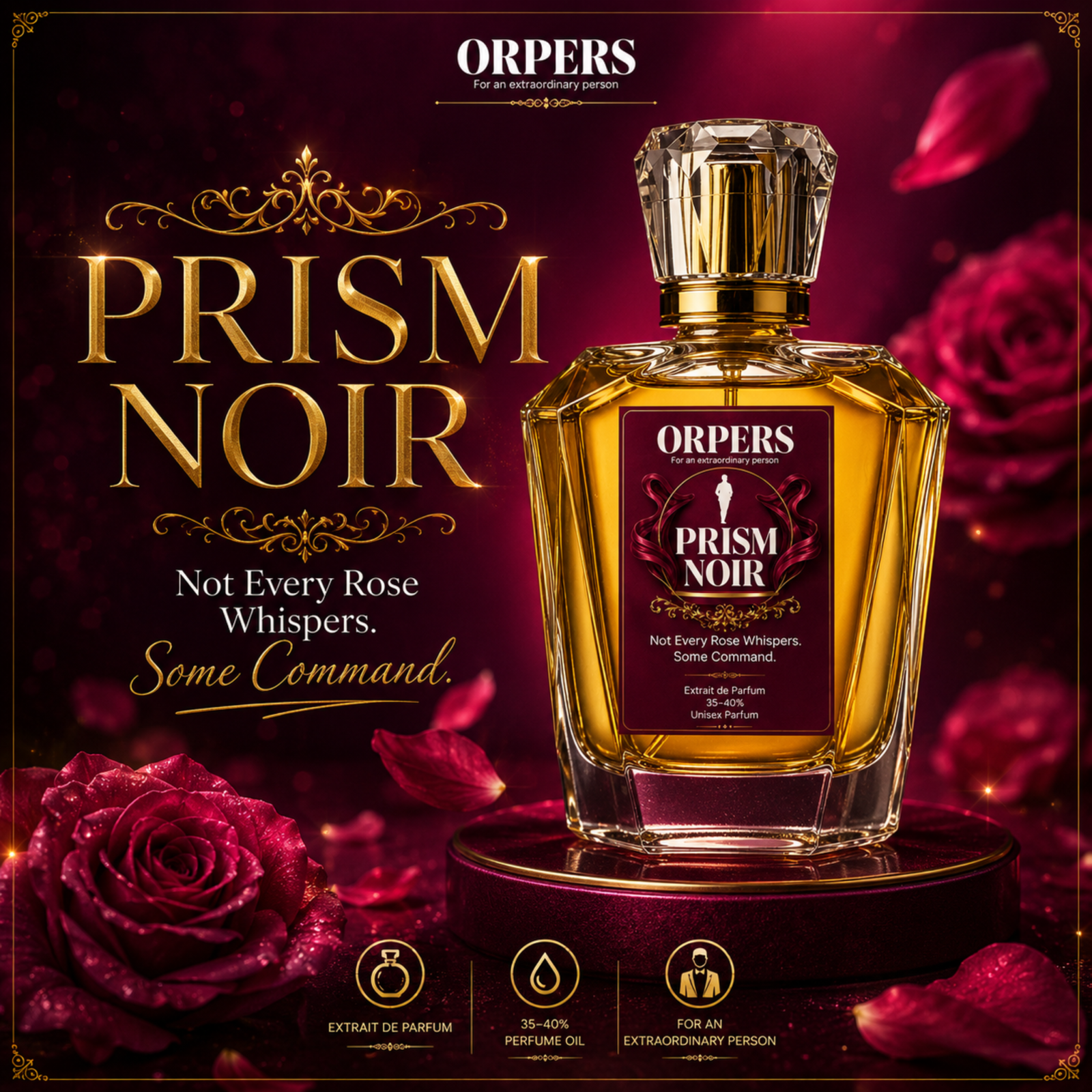 ORPERS PRISM NOIR unisex Extrait de Parfum perfume bottle with rose-themed luxury design, featuring a Floral Woody Amber fragrance in a burgundy and gold presentation.