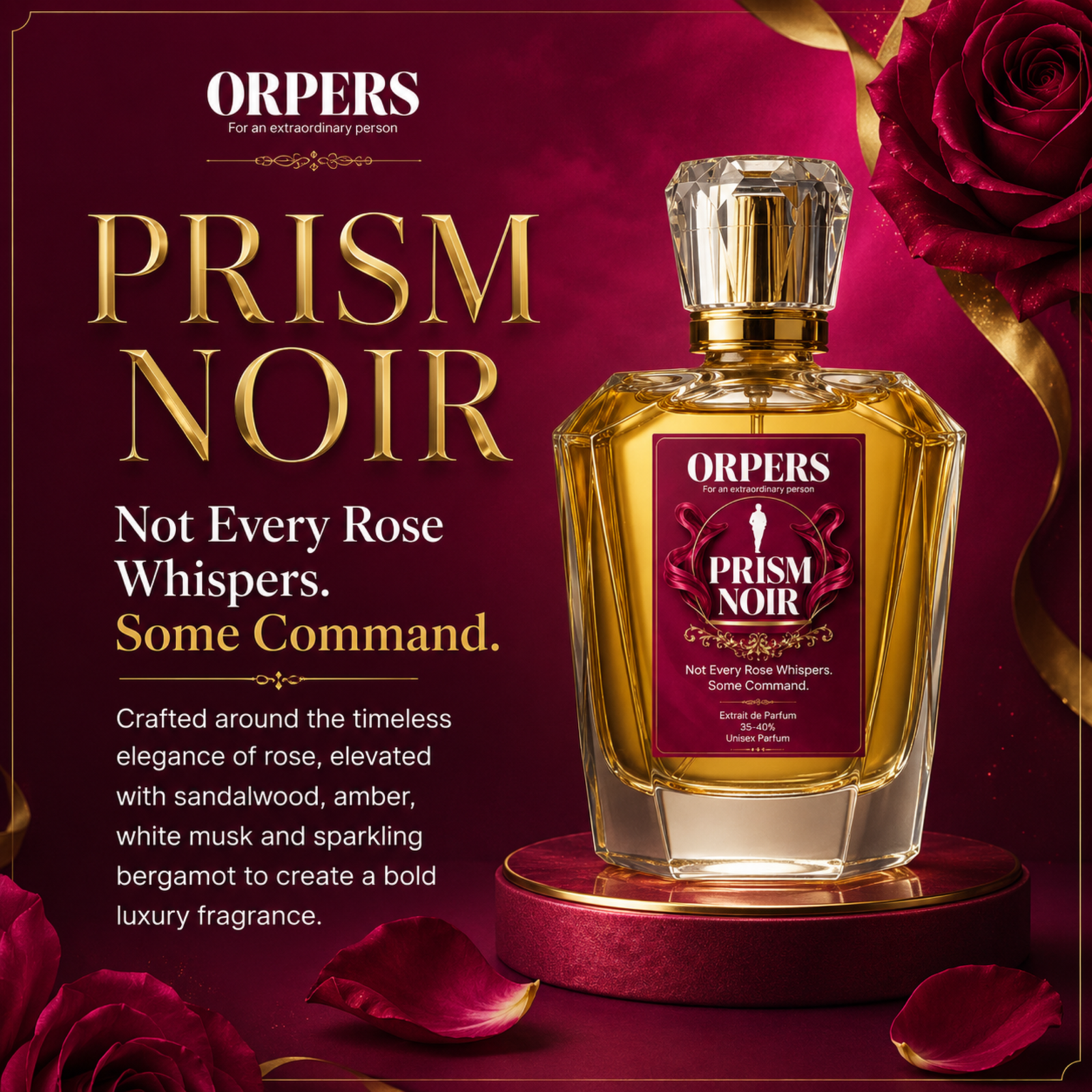 ORPERS PRISM NOIR luxury unisex Extrait de Parfum infographic featuring a perfume bottle with bergamot, rose, jasmine, sandalwood, white musk, amber and cedarwood on a dark burgundy background.