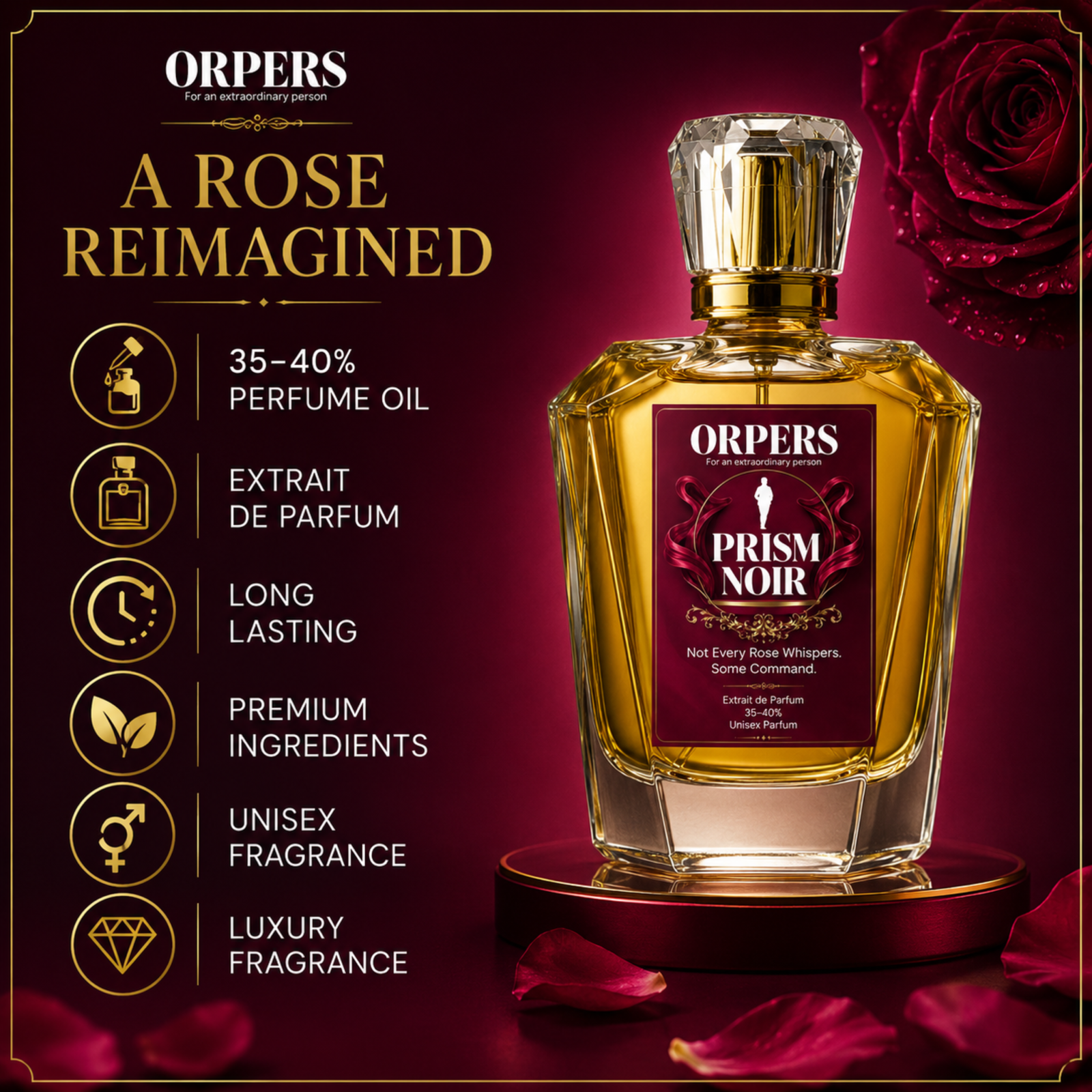 ORPERS PRISM NOIR feature infographic showing a unisex Extrait de Parfum bottle with Floral Woody Amber fragrance, perfume oil concentration, and fragrance highlights.