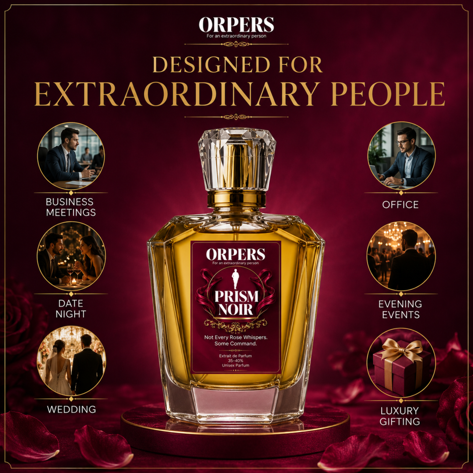 ORPERS PRISM NOIR unisex Extrait de Parfum infographic showing the perfume bottle with suggested occasions including business meetings, office, date night, weddings, evening events, and gifting.