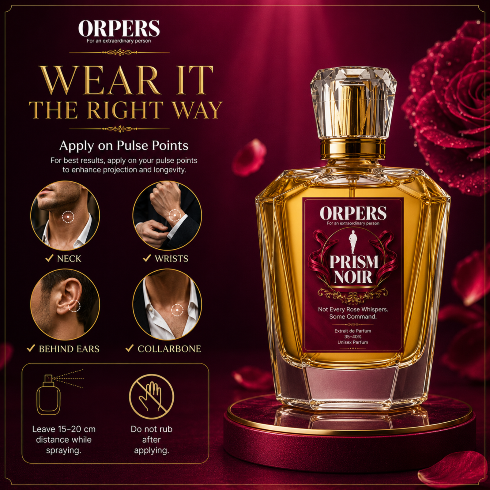ORPERS PRISM NOIR application guide infographic showing a perfume bottle with recommended pulse points including neck, wrists, behind the ears, and collarbone, plus spraying instructions.
